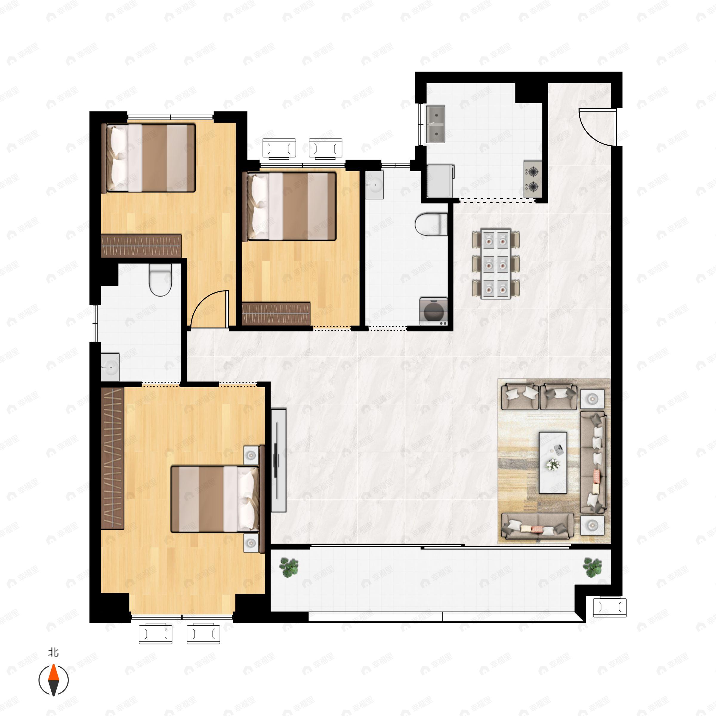 3室2厅2卫建面135m²南户型图