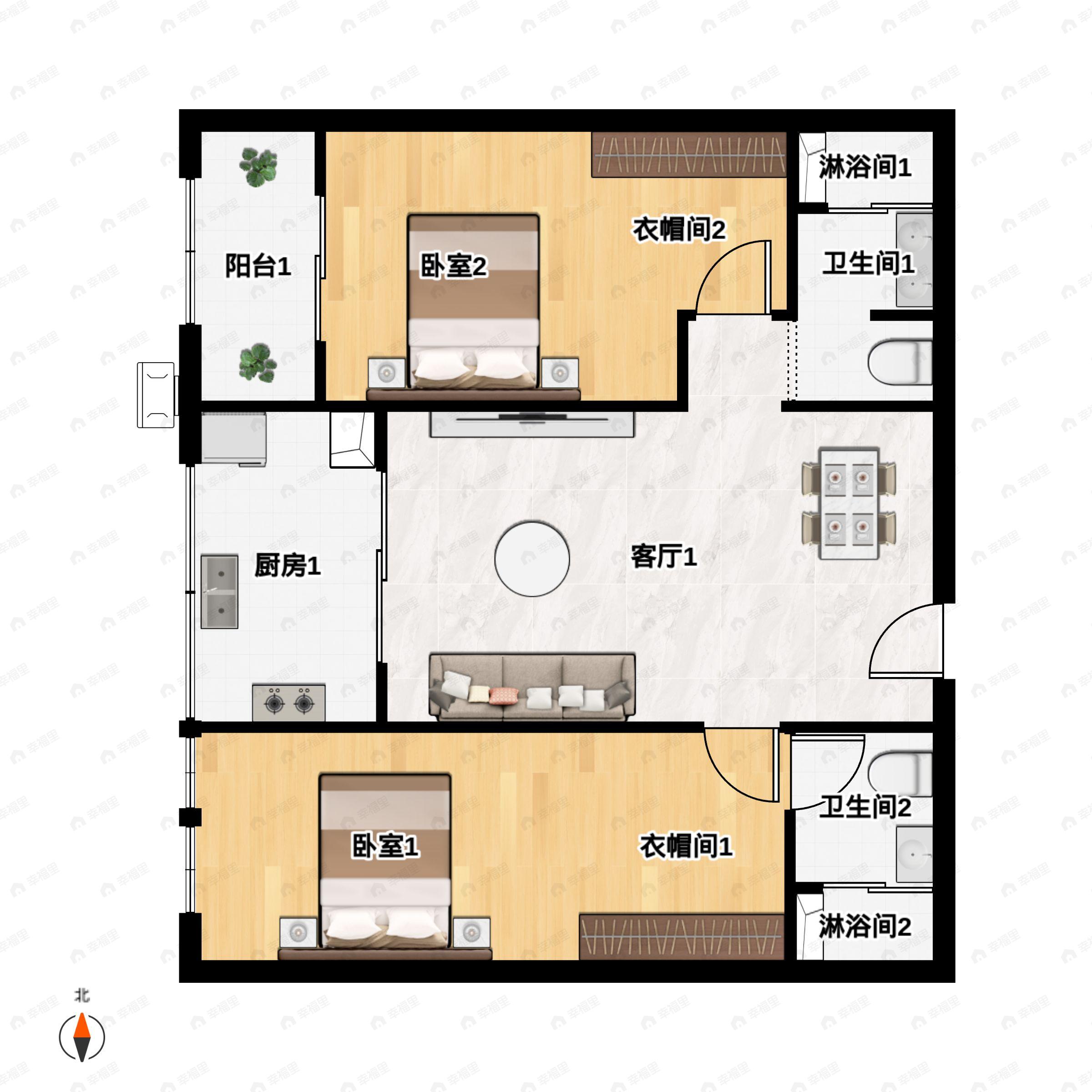 2室2厅2卫建面121平西|北户型图