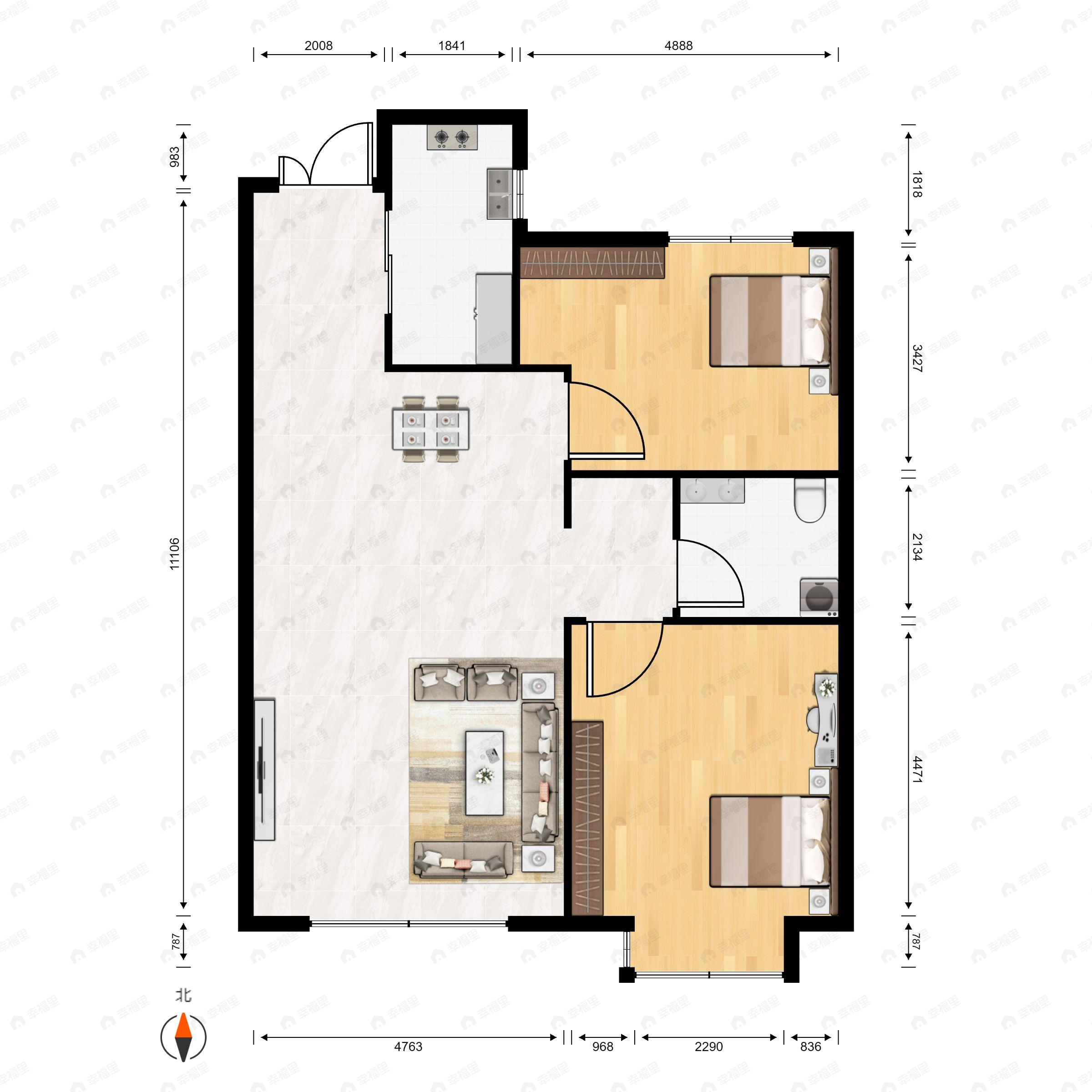 2室2厅1卫建面89m²南户型图