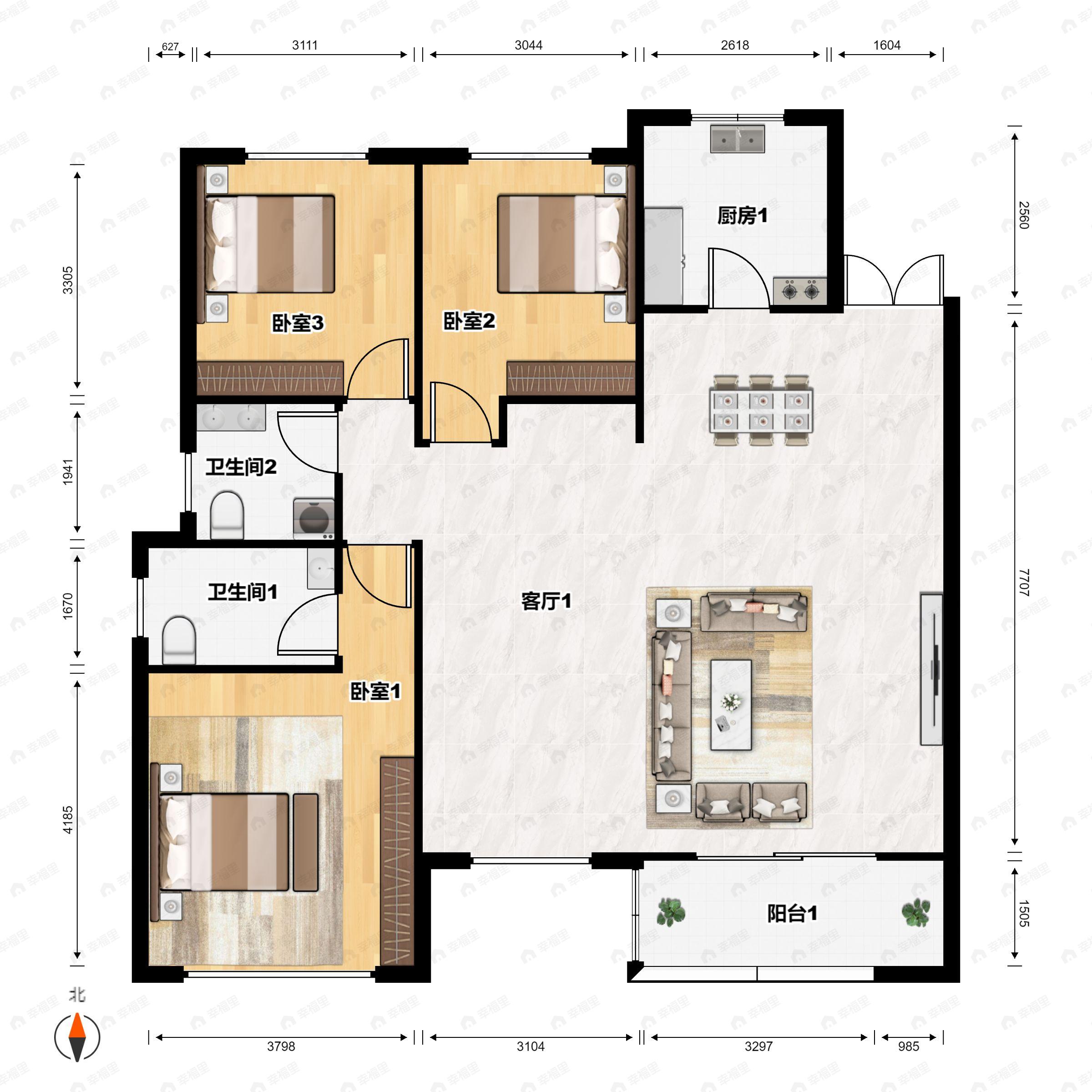 3室2厅2卫建面141m²南户型图