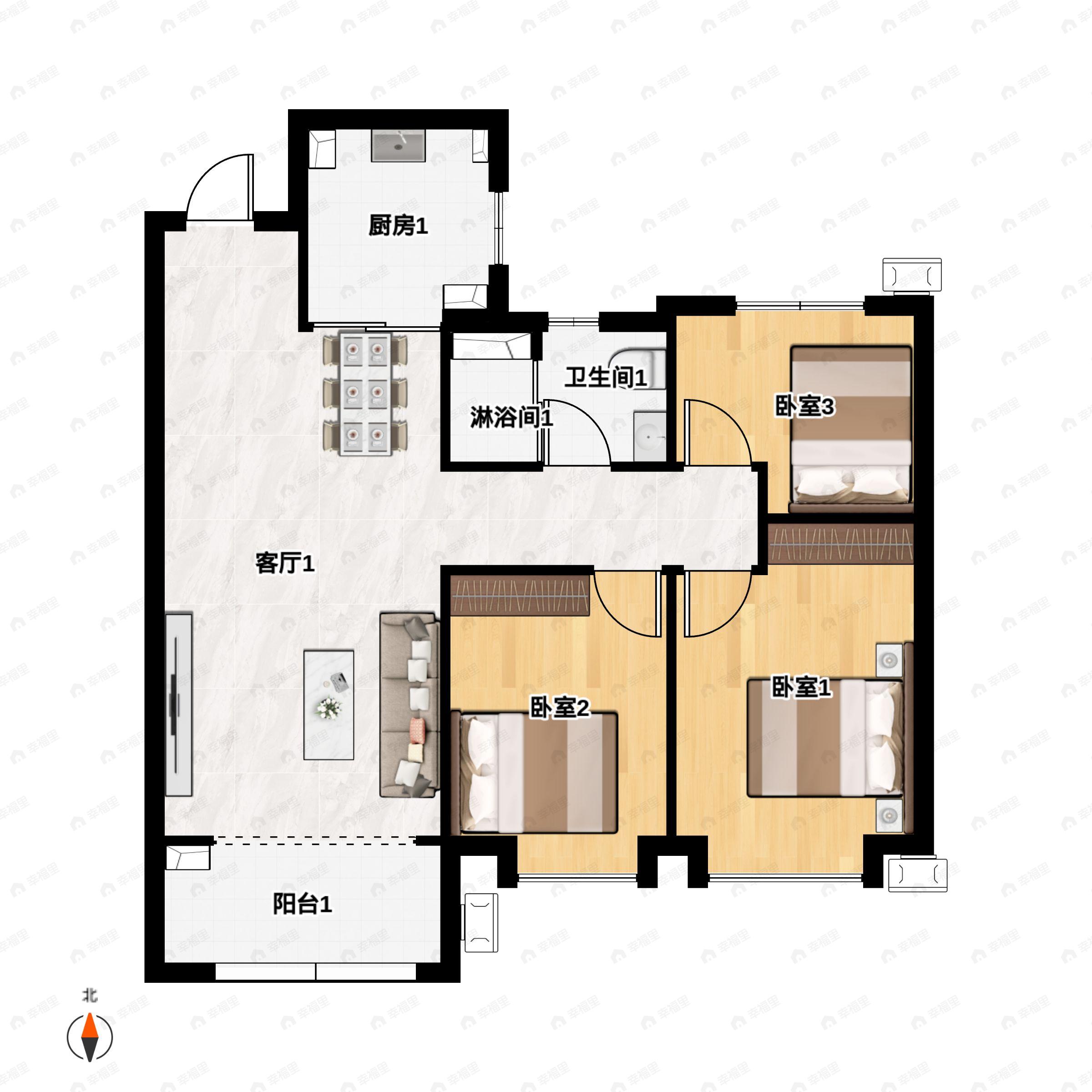 3室2厅1卫建面94平户型图