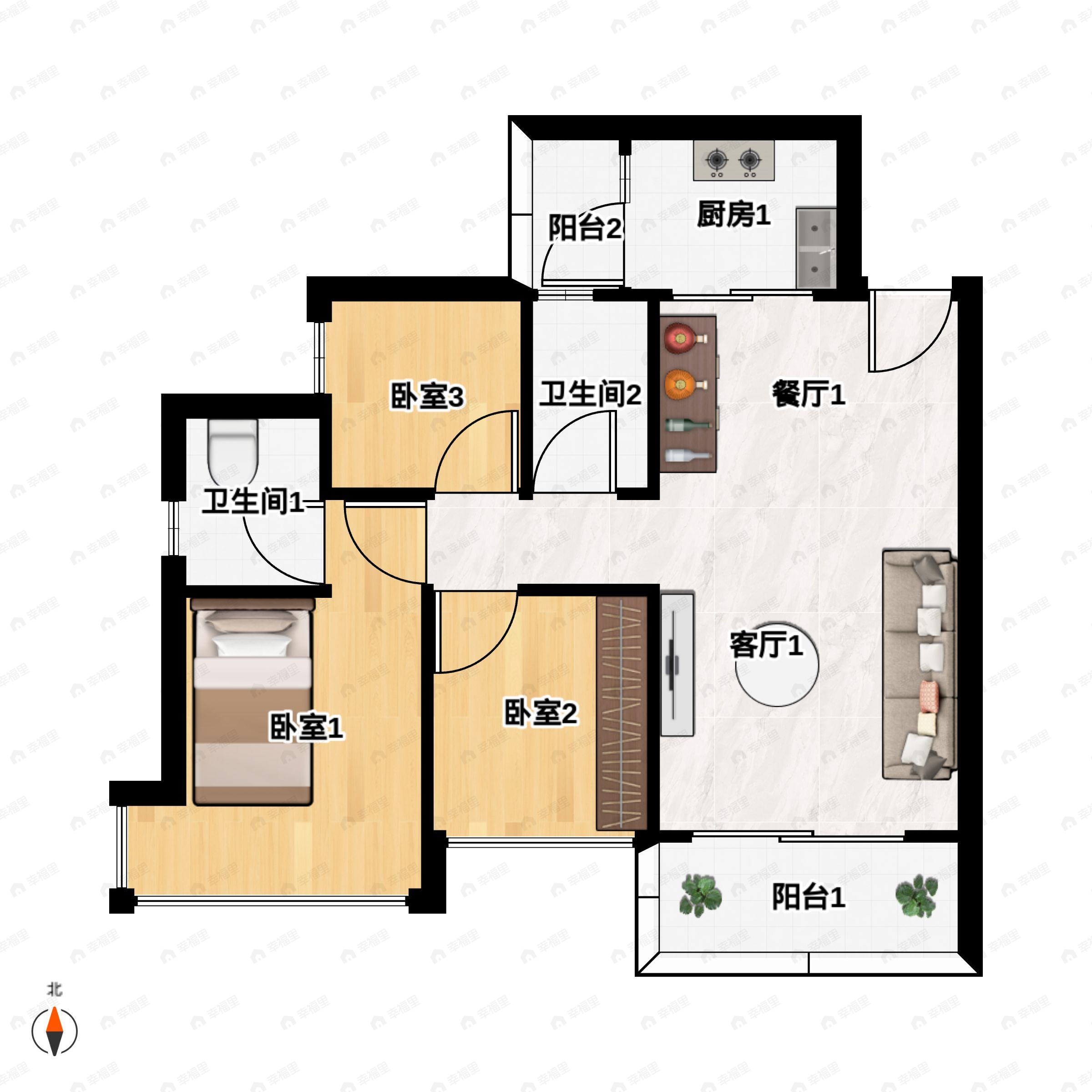 3室2厅2卫建面90m²南户型图