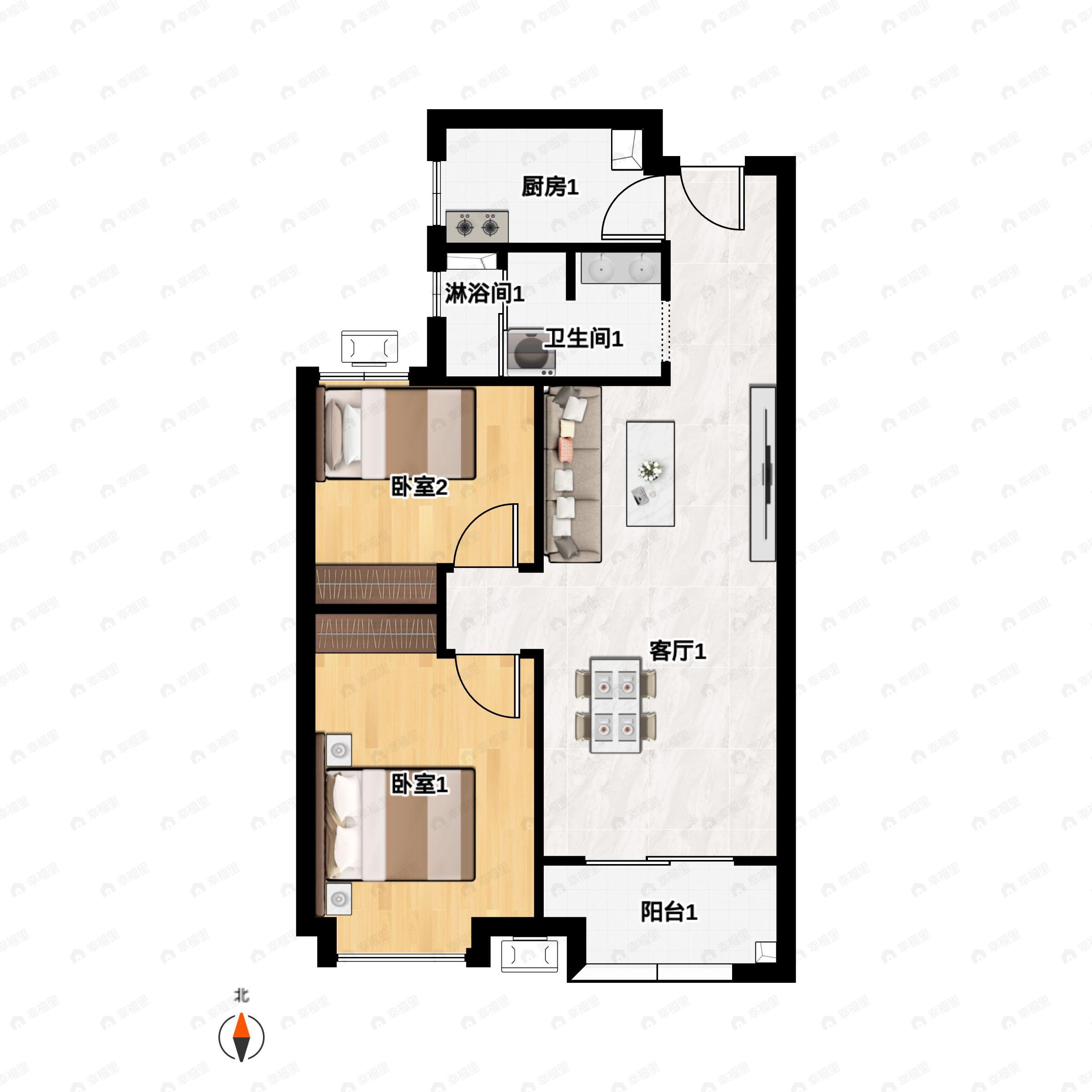 2室2厅1卫建面82m²南户型图