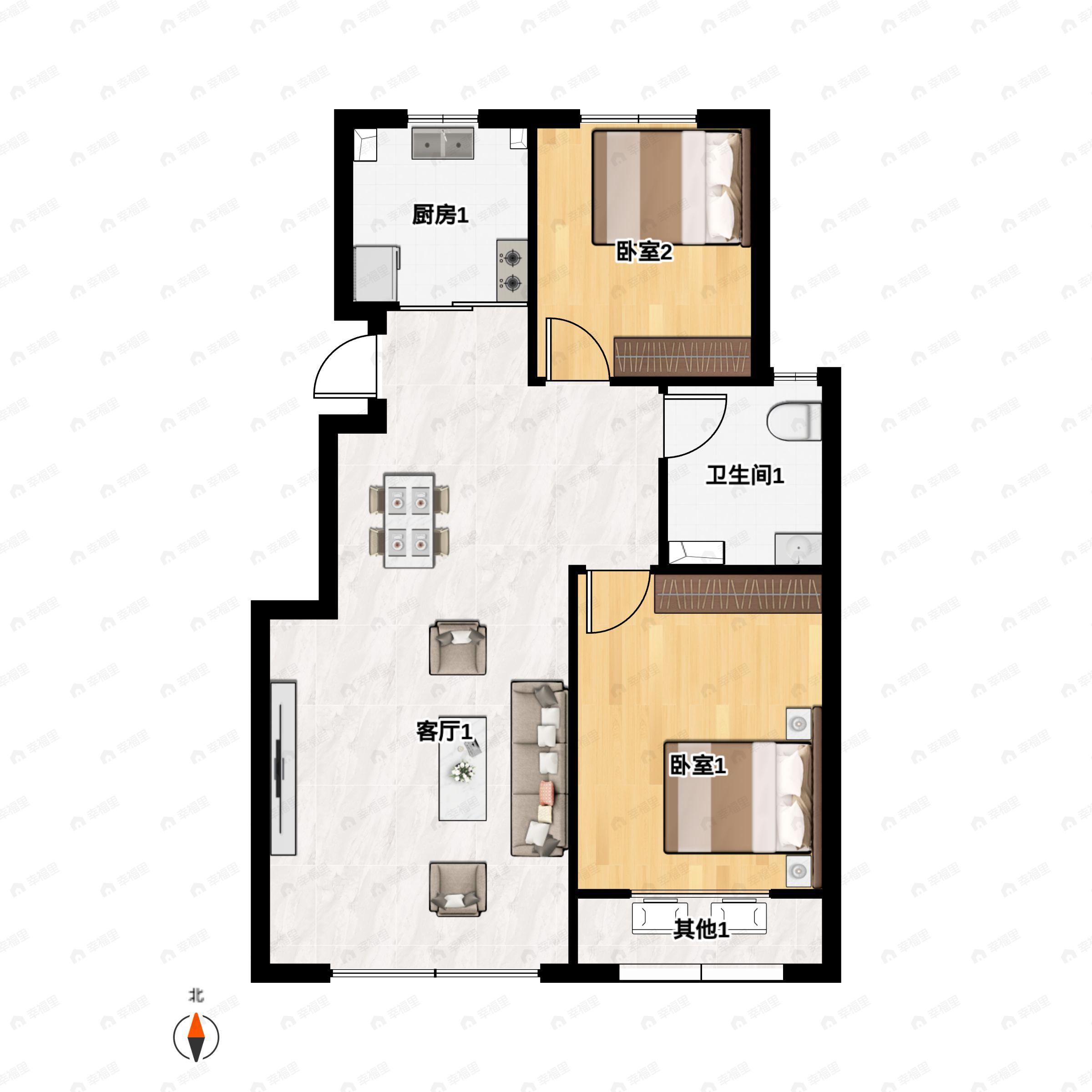 2室2厅1卫建面85m²北|南户型图