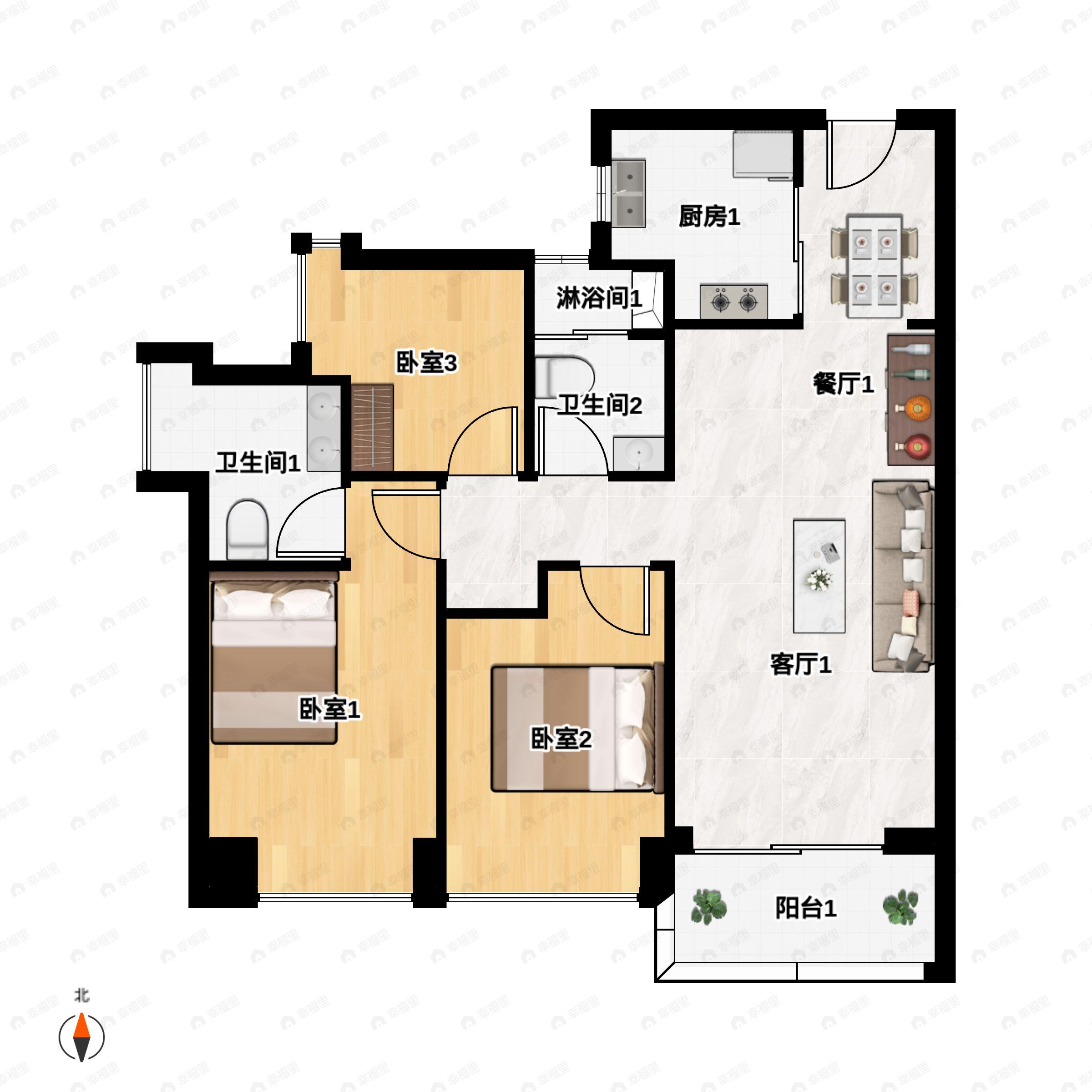 3室2厅2卫建面99平户型图