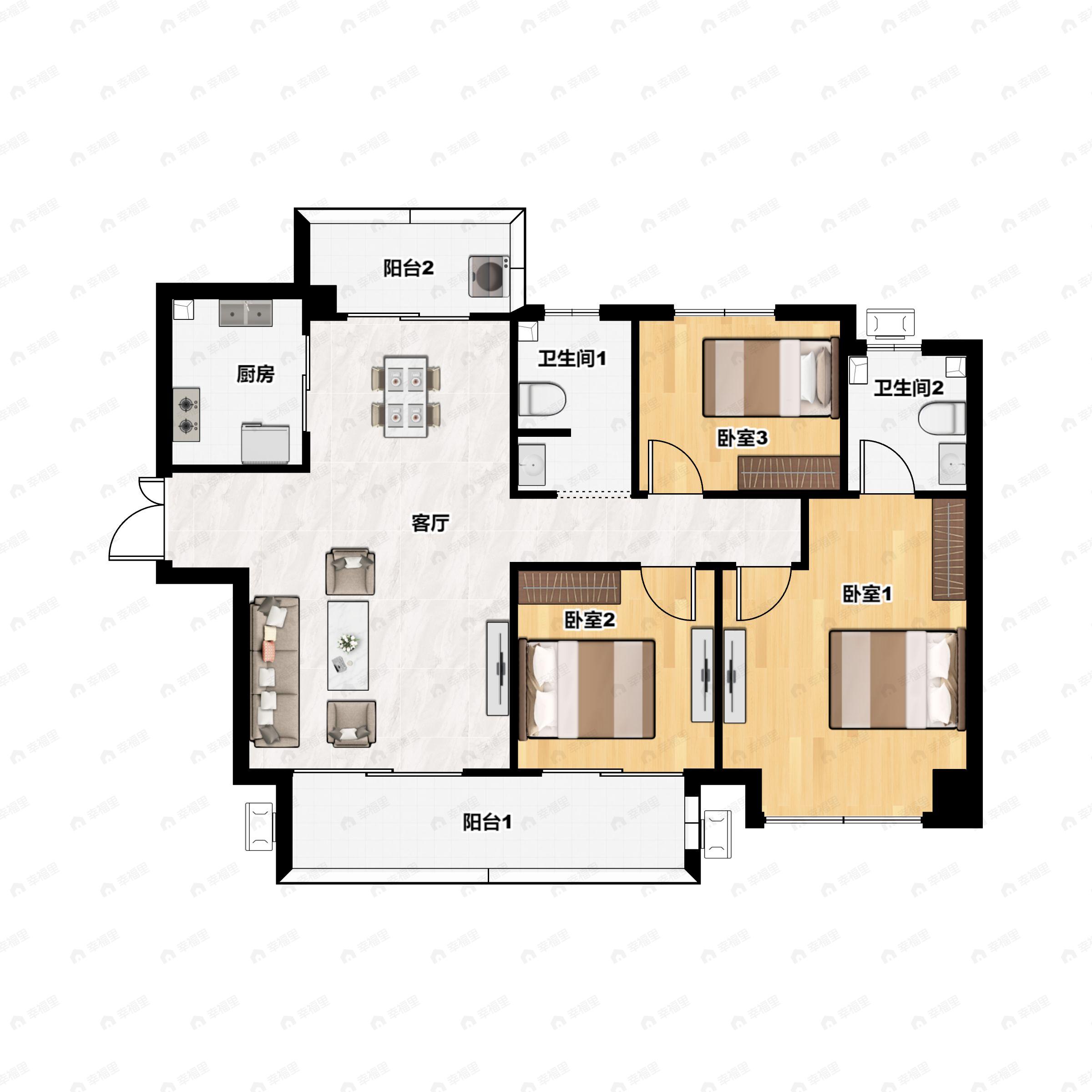 3室2厅2卫建面127平户型图