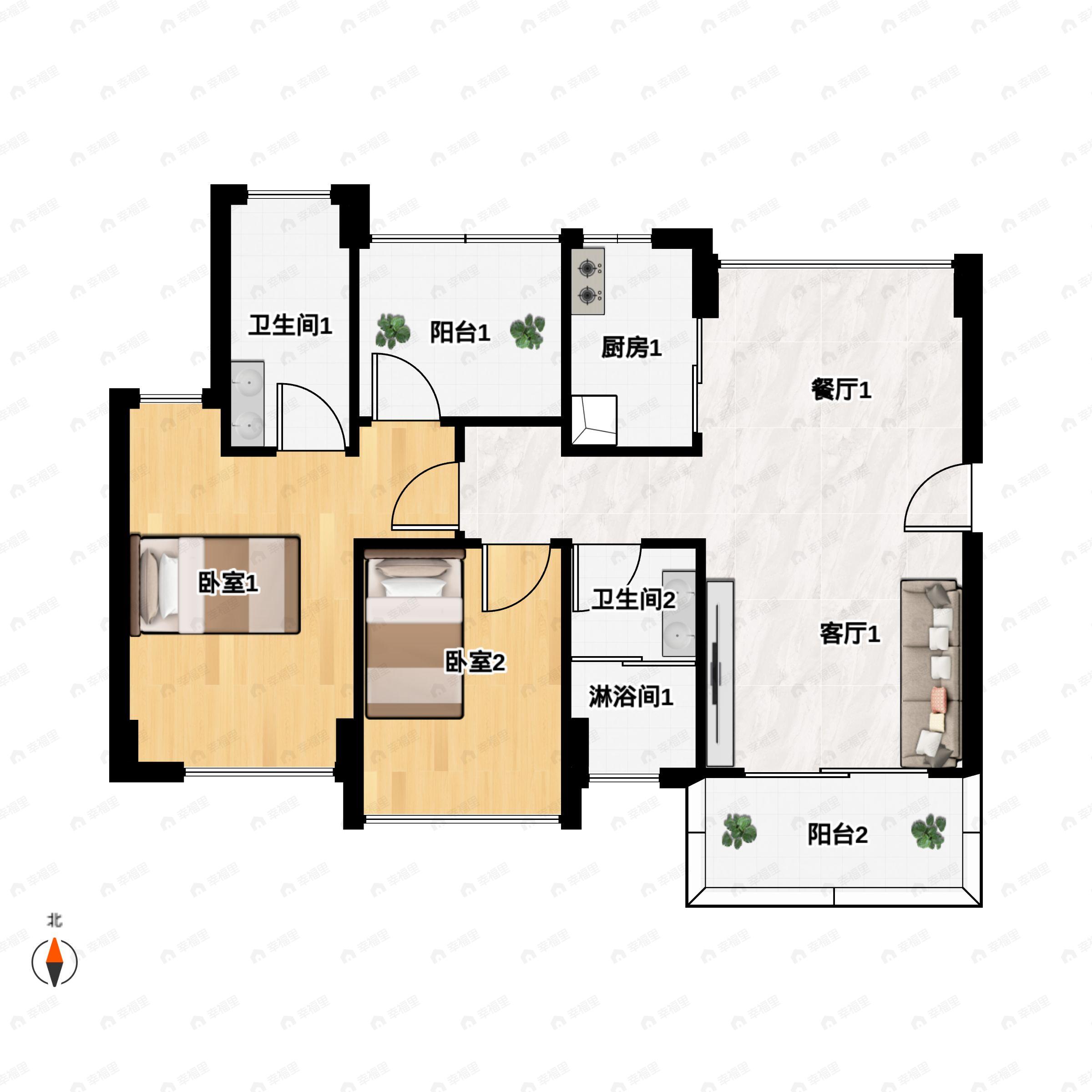 2室2厅2卫建面88m²南户型图