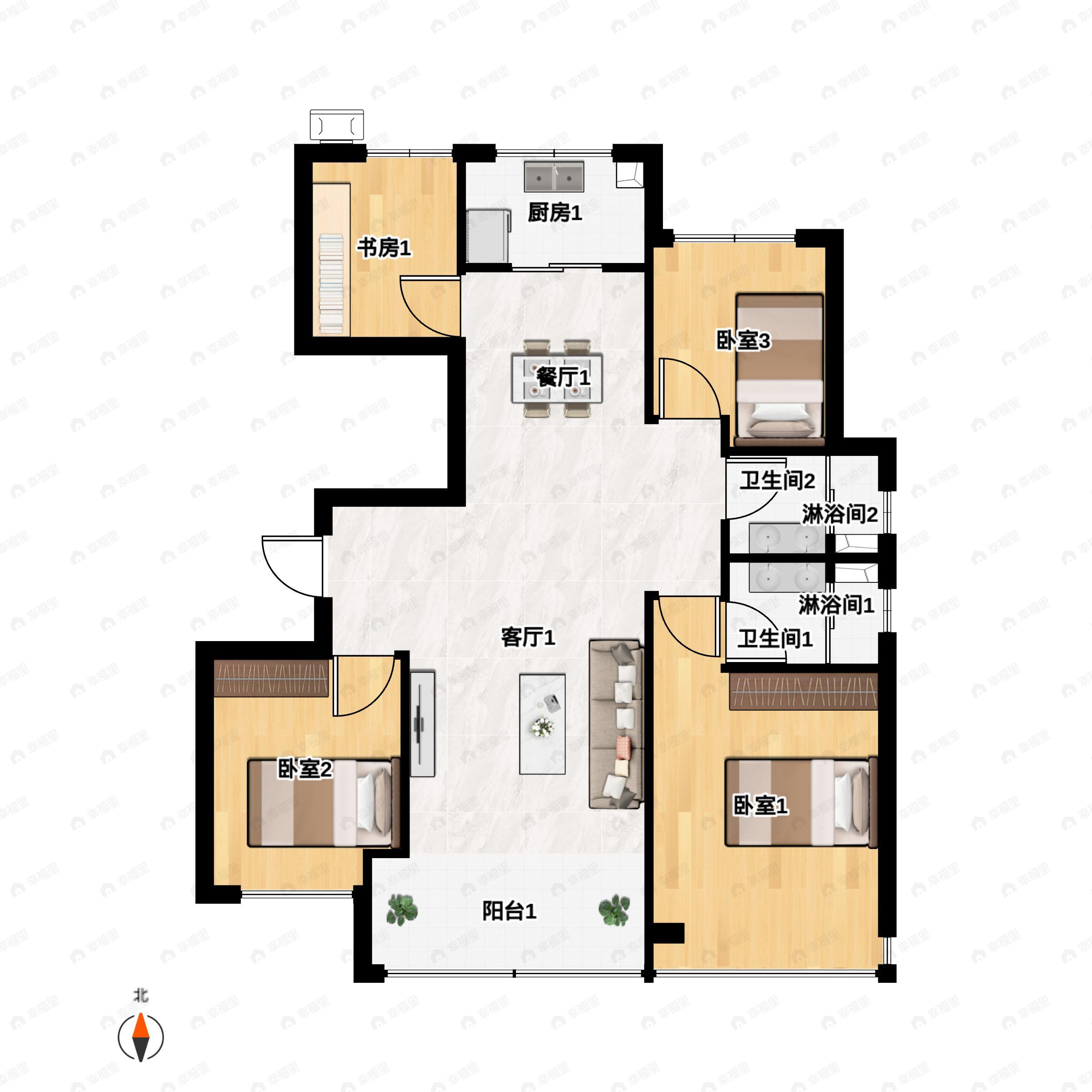 4室2厅2卫建面128平南户型图