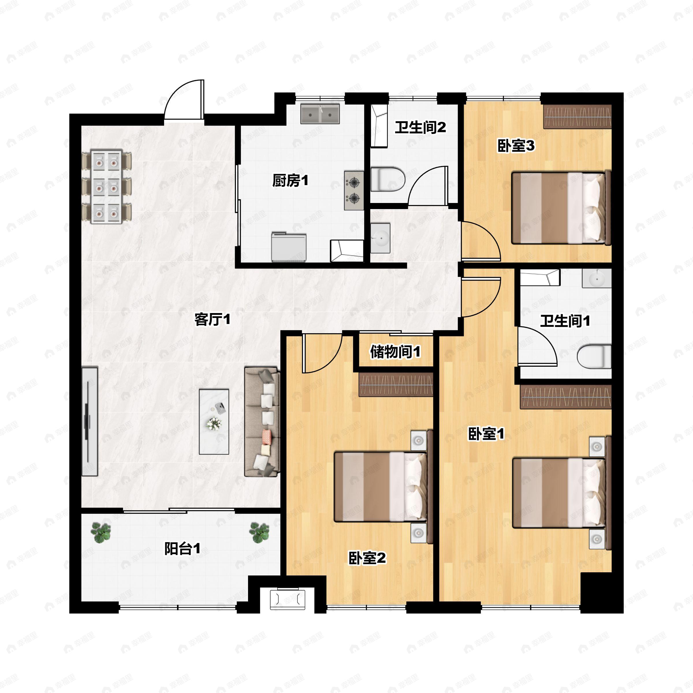 3室2厅2卫建面105平户型图