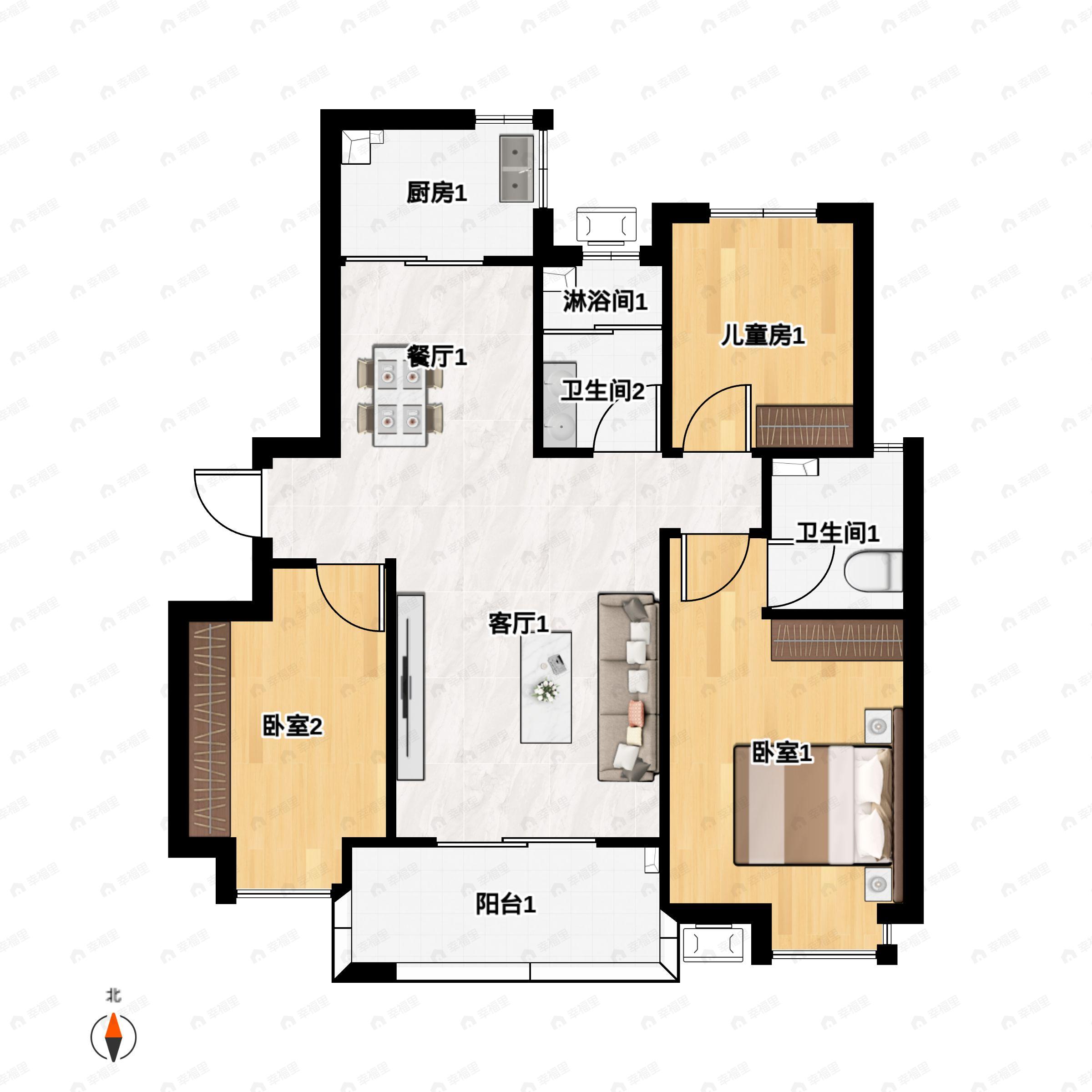 3室2厅2卫建面111m²北|南户型图