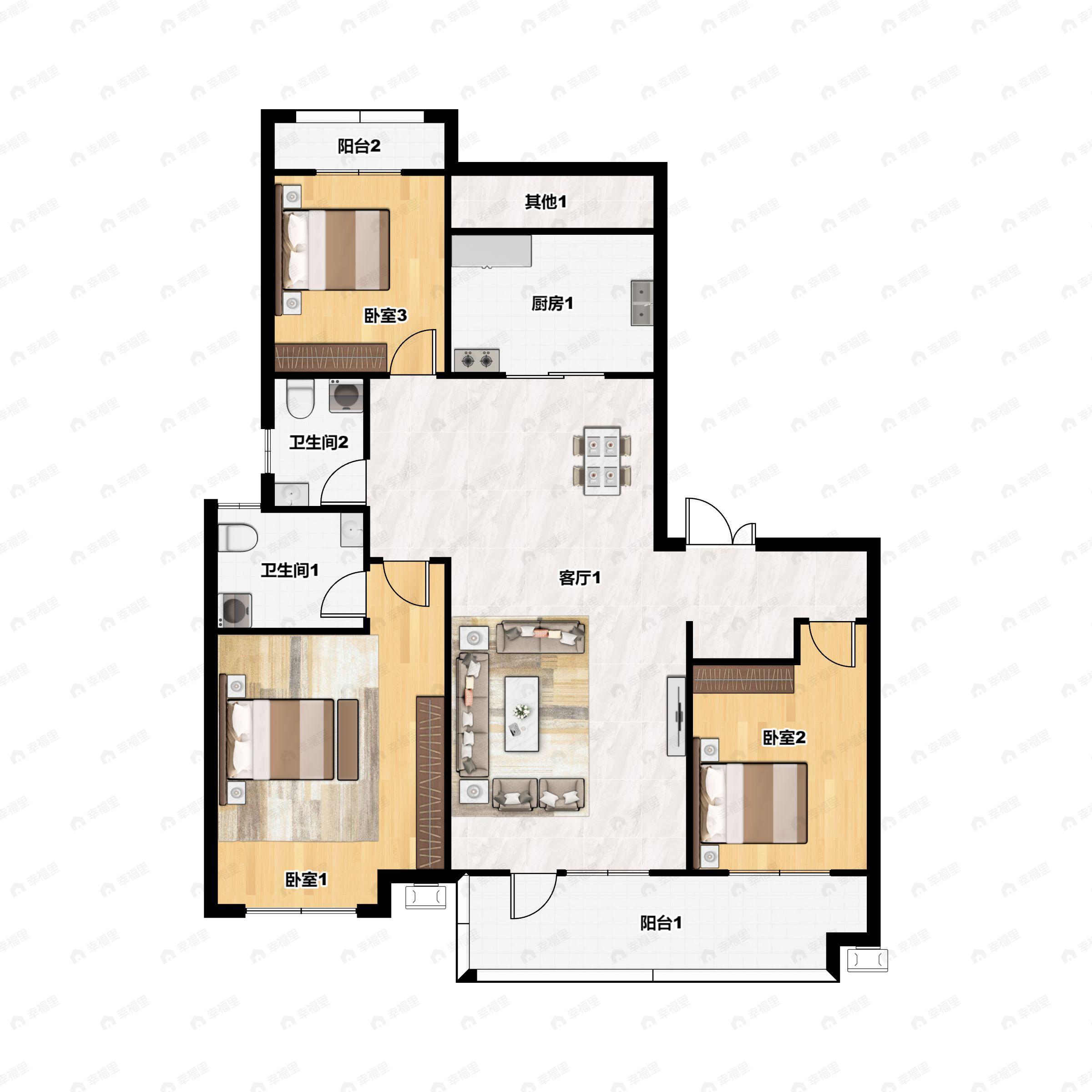 3室2厅2卫建面134m²南户型图