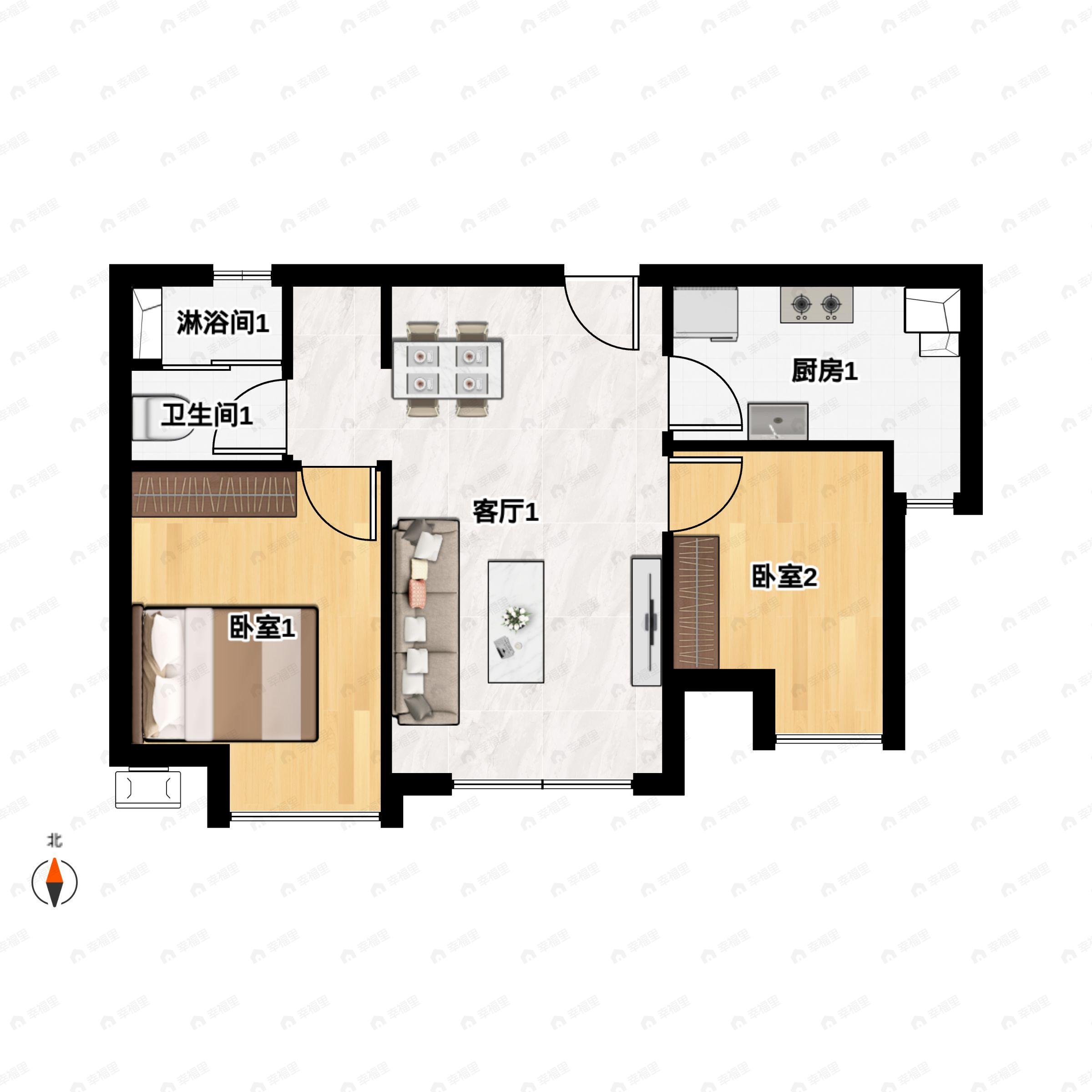 2室2厅1卫建面60平户型图