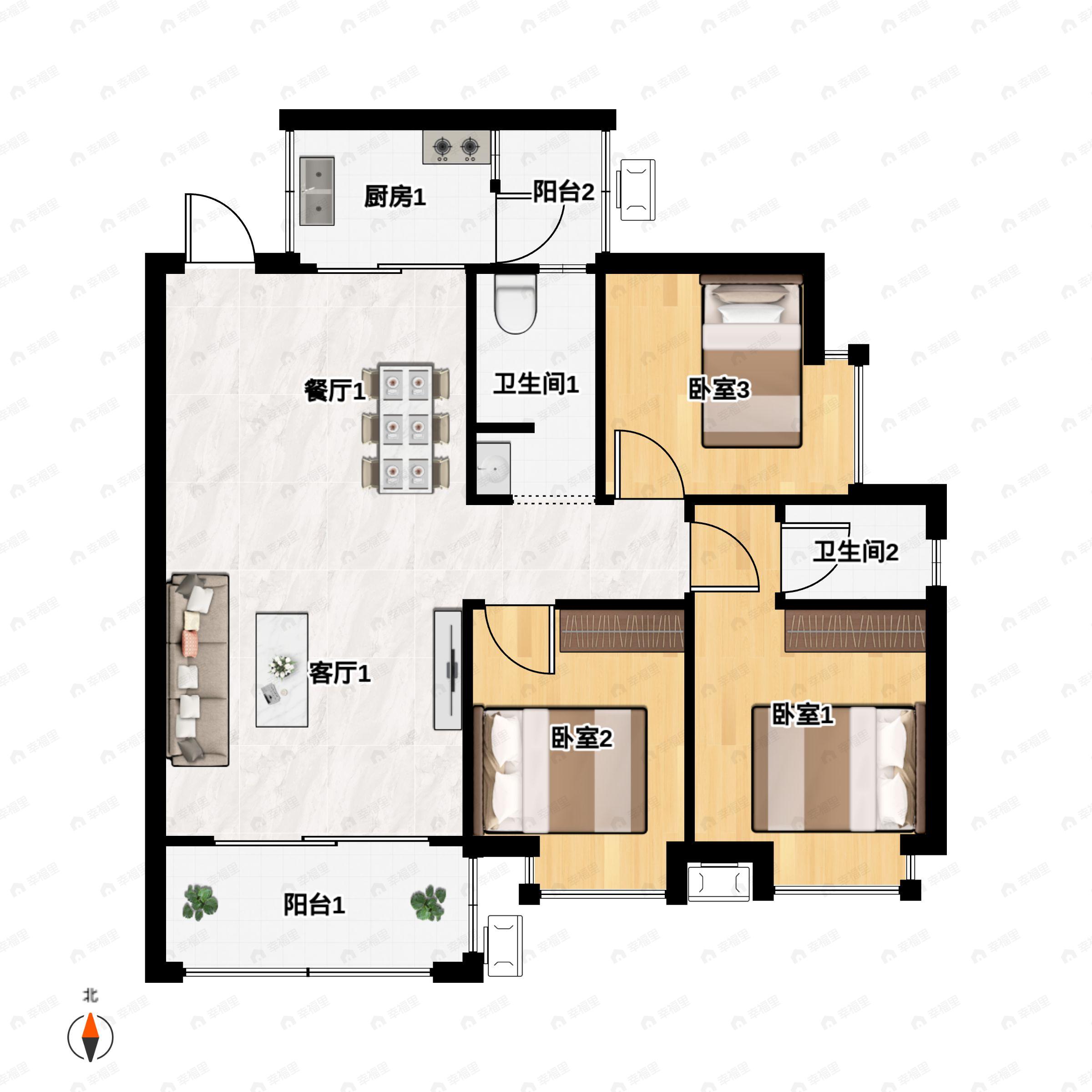3室2厅2卫建面89平南户型图