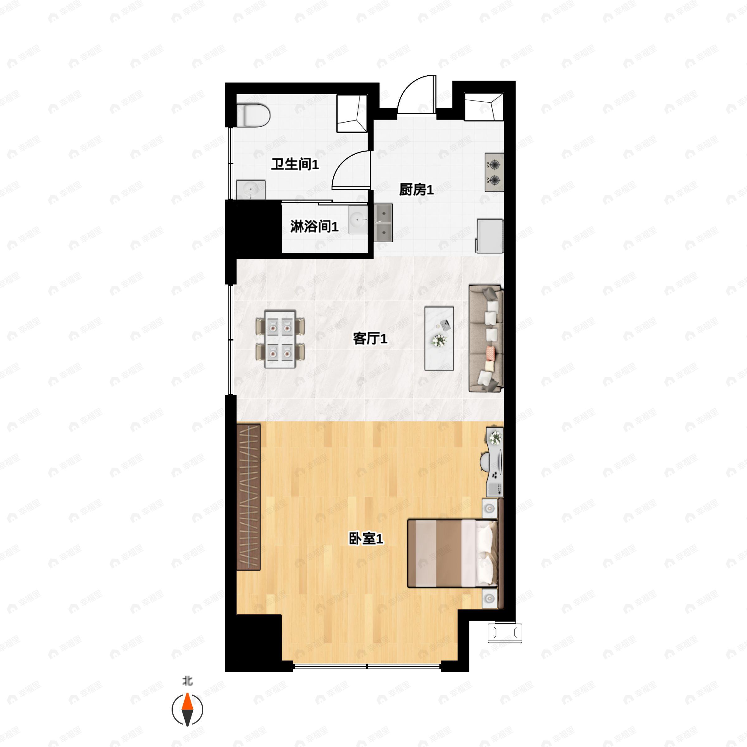 1室1厅1卫建面57m²南户型图