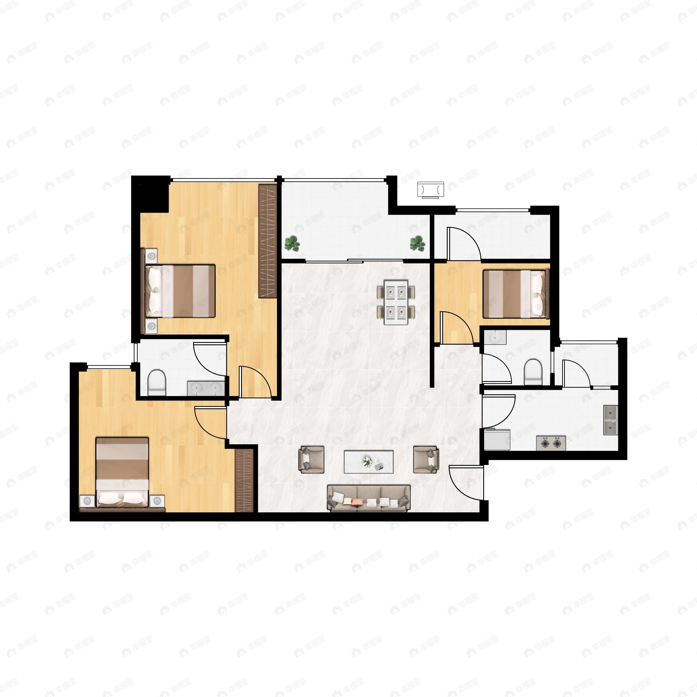 3室2厅2卫建面102m²西南户型图