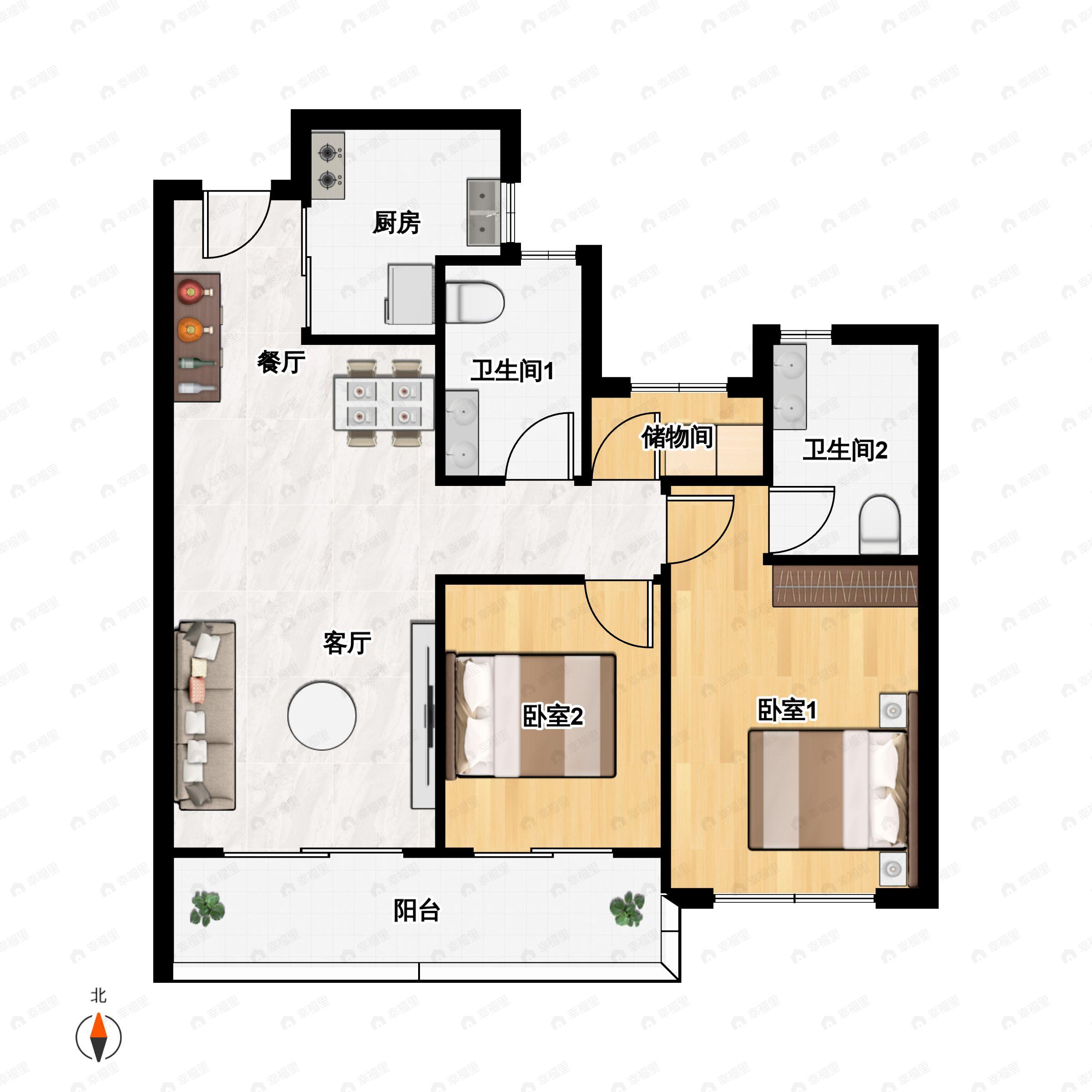 3室2厅2卫建面94平南户型图