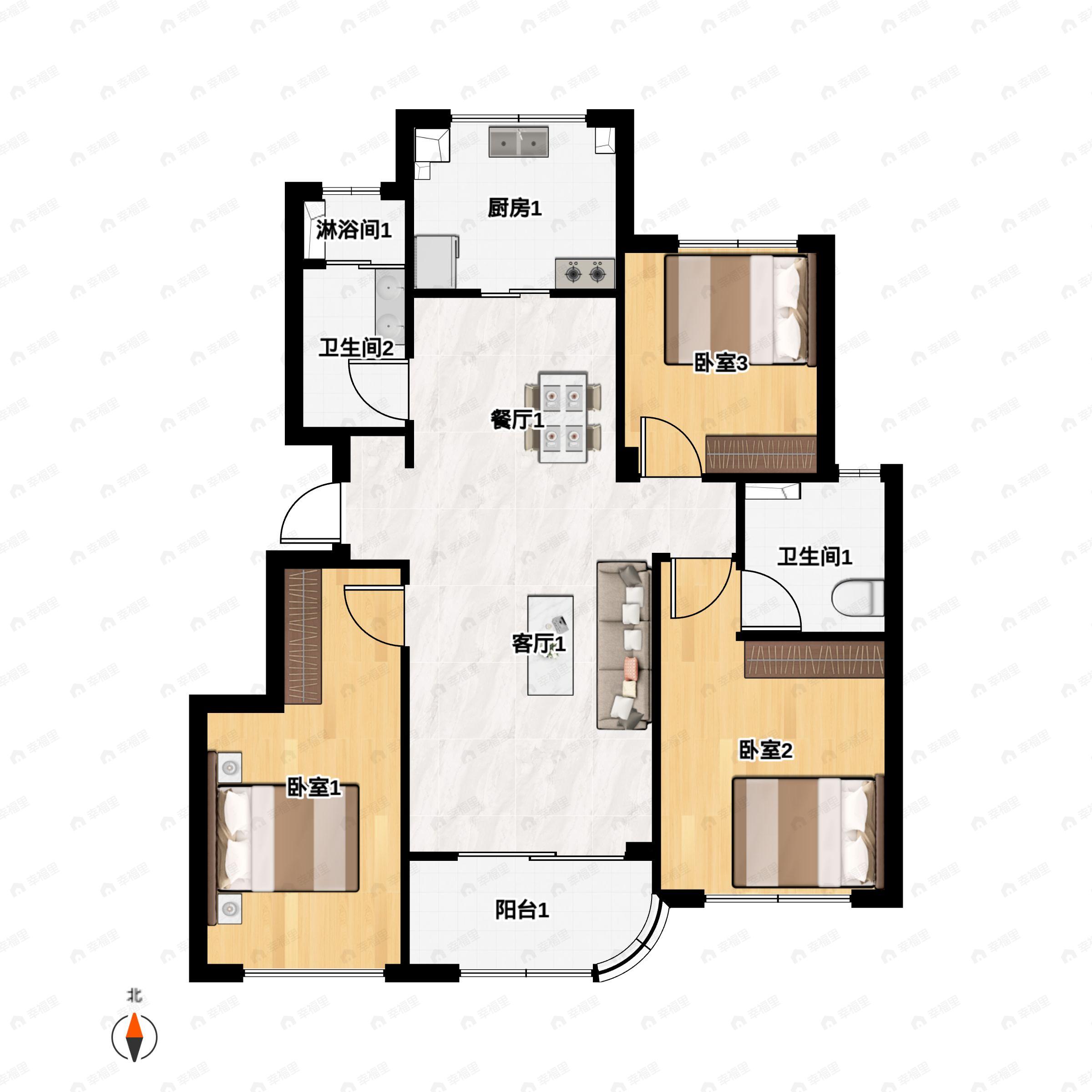 3室2厅2卫建面100m²南户型图