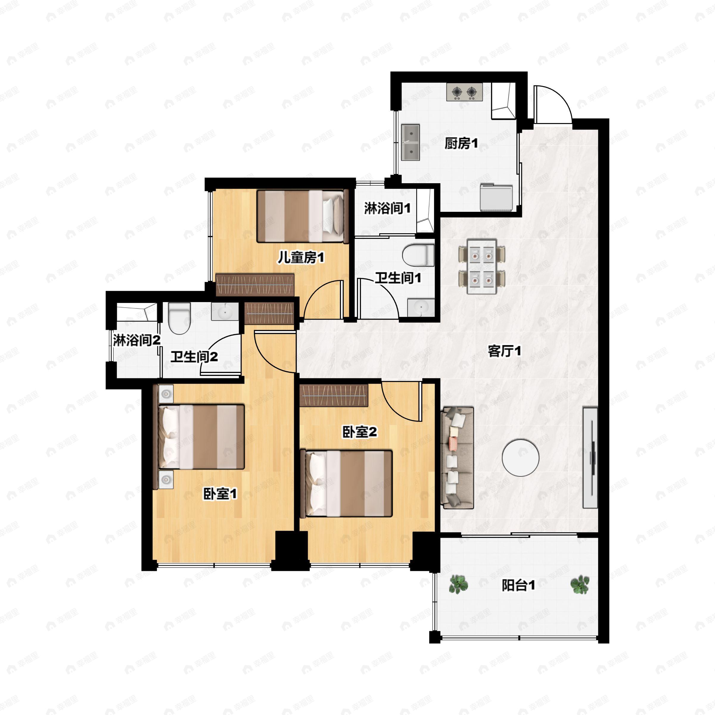 3室2厅2卫建面94平户型图