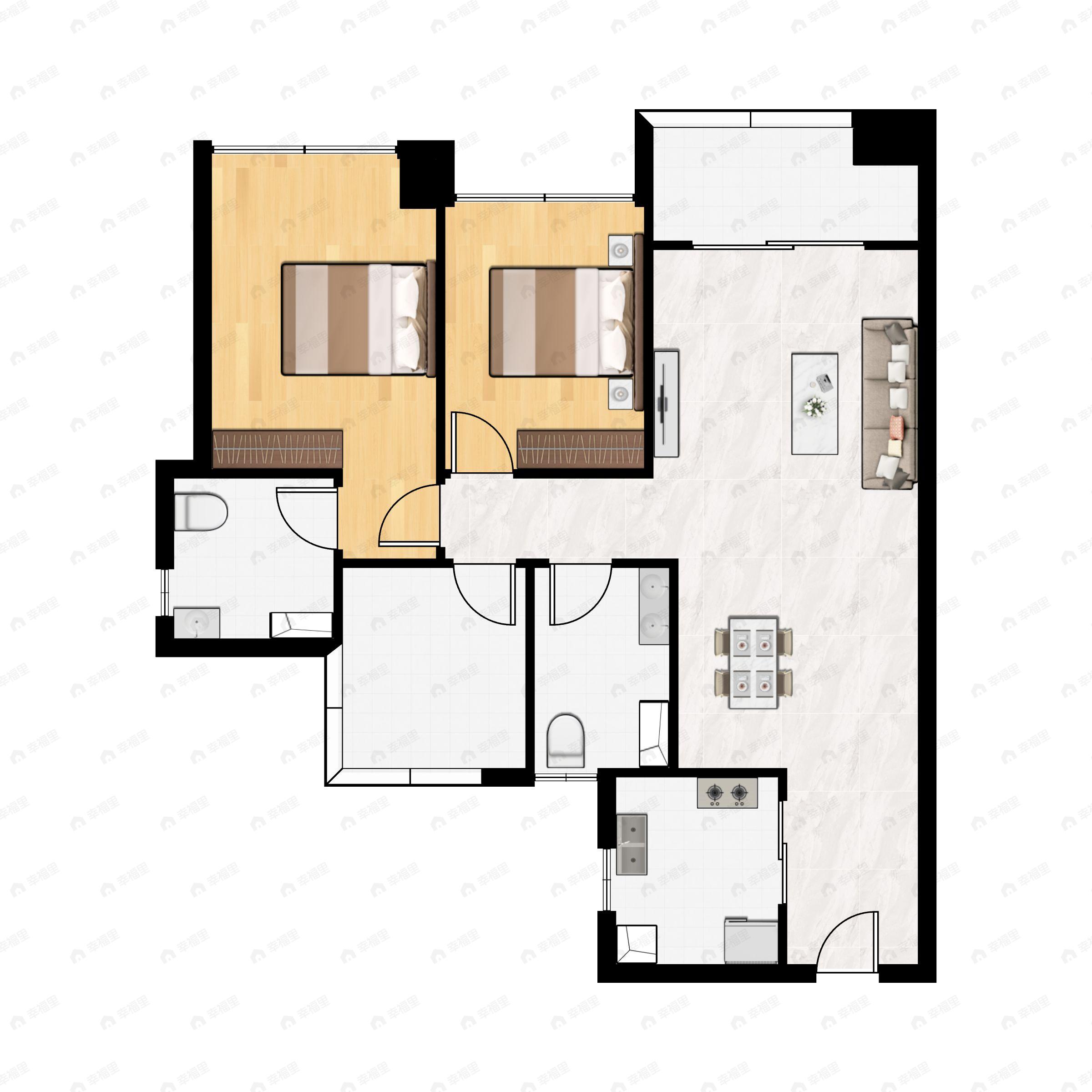 2室2厅2卫建面88m²西北户型图
