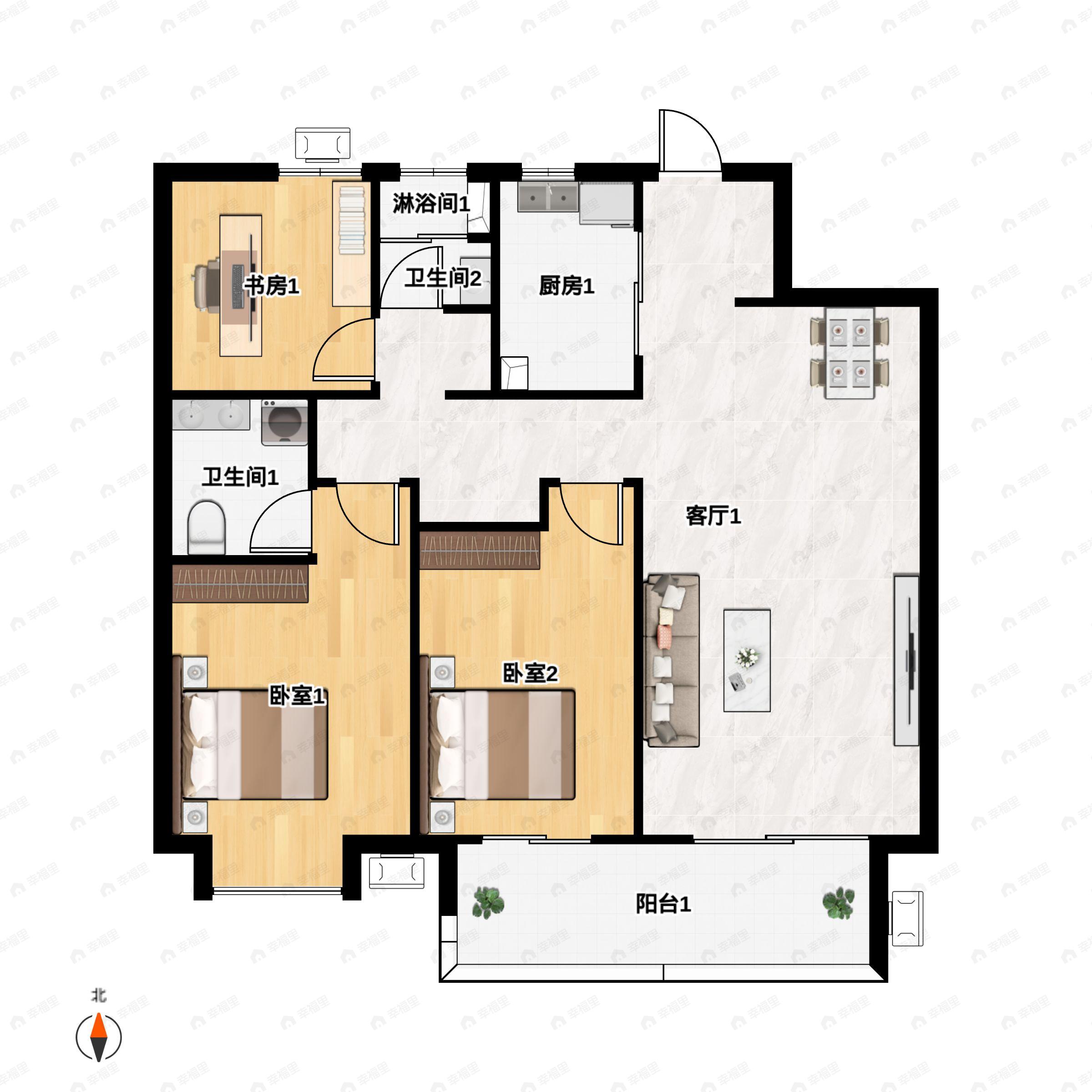 3室2厅2卫建面117平南|北户型图