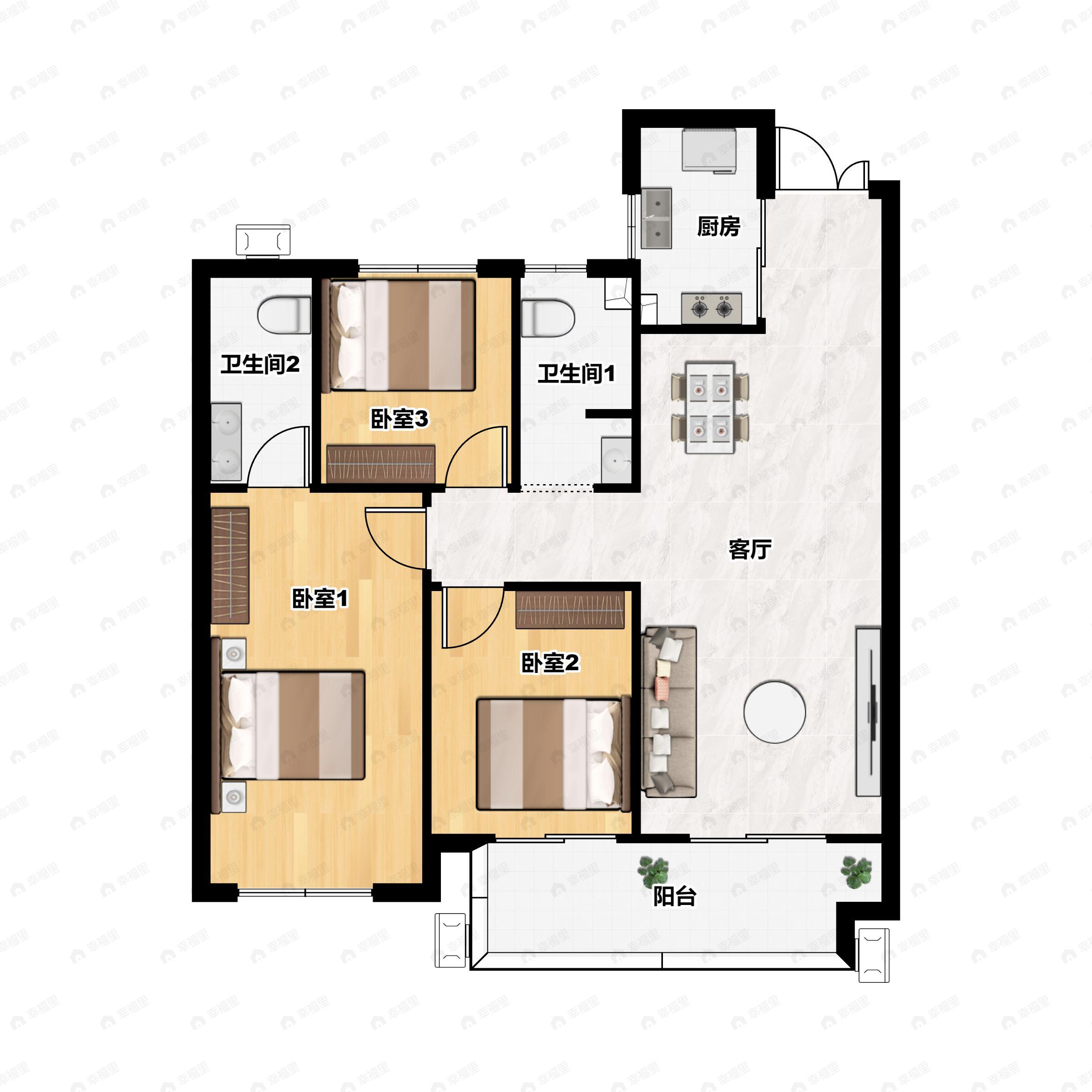 3室2厅2卫建面105平户型图
