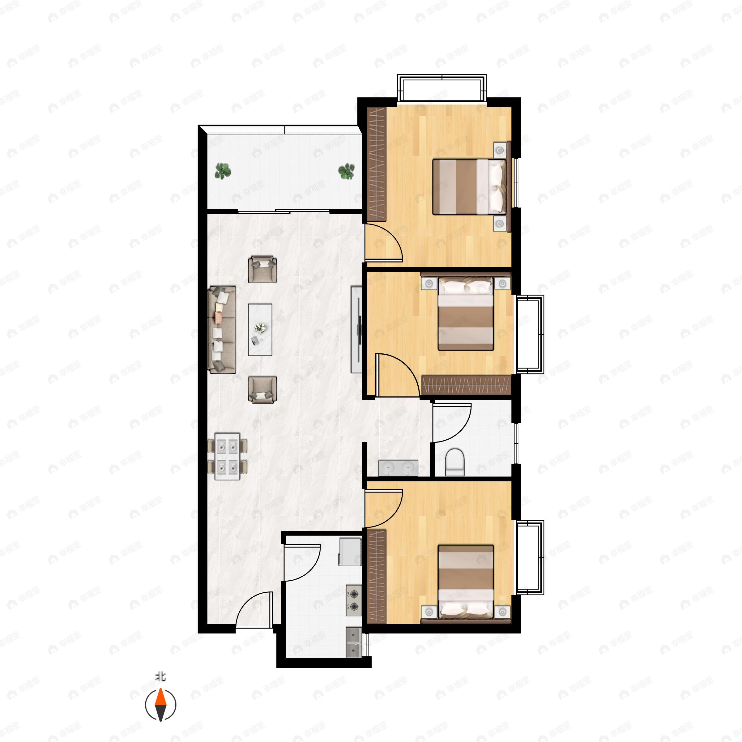 3室2厅1卫建面96平南户型图