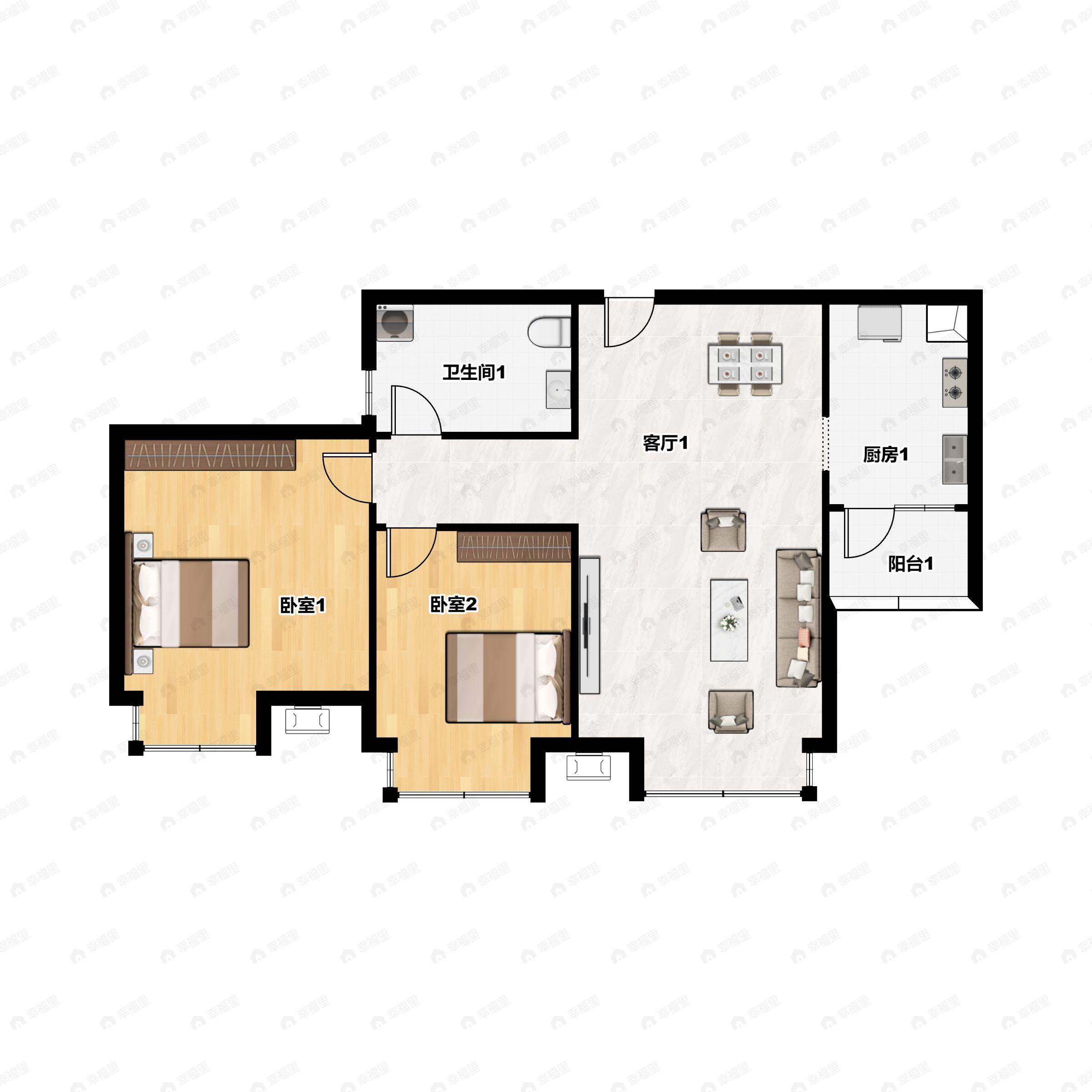 2室2厅1卫建面69m²南户型图