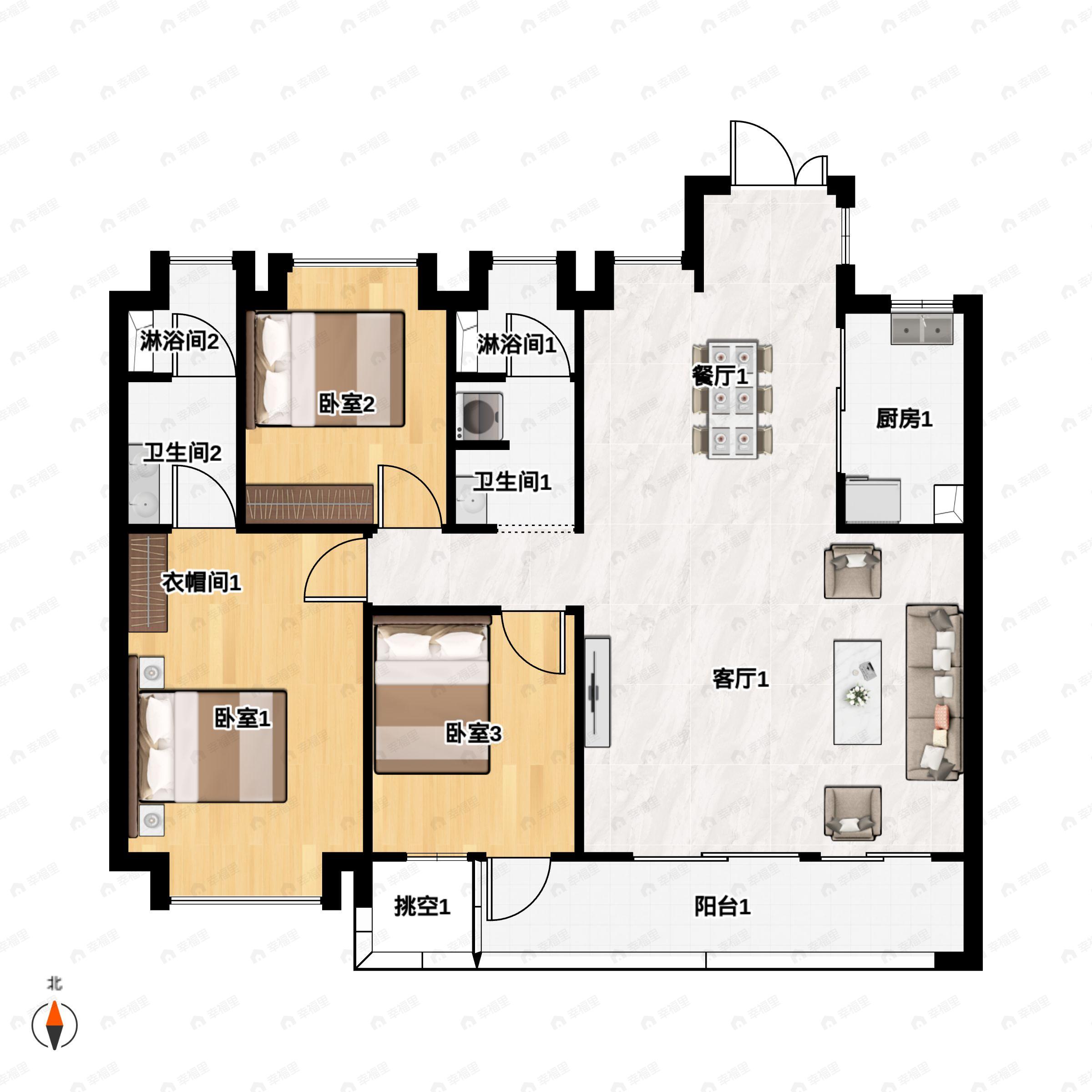 3室2厅2卫建面143m²北|南户型图