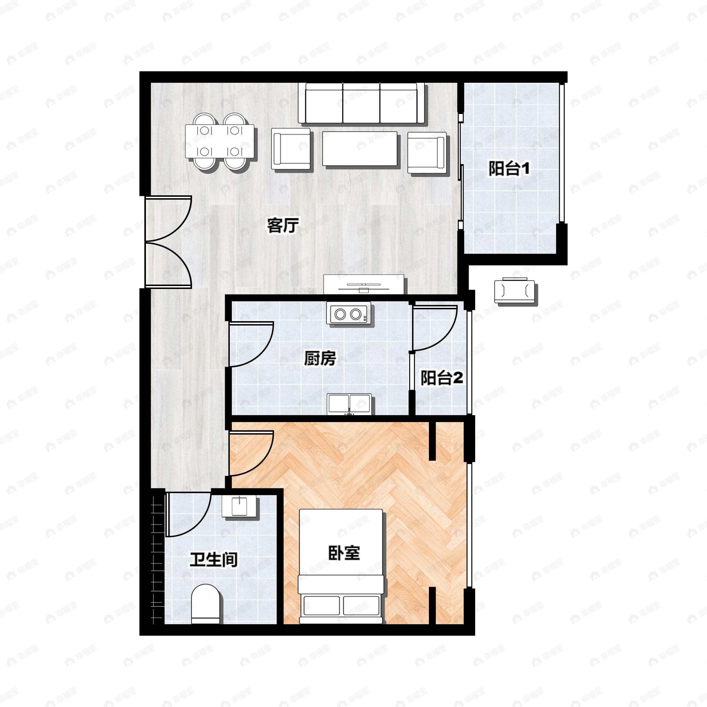 1室2厅1卫建面62m²东北户型图