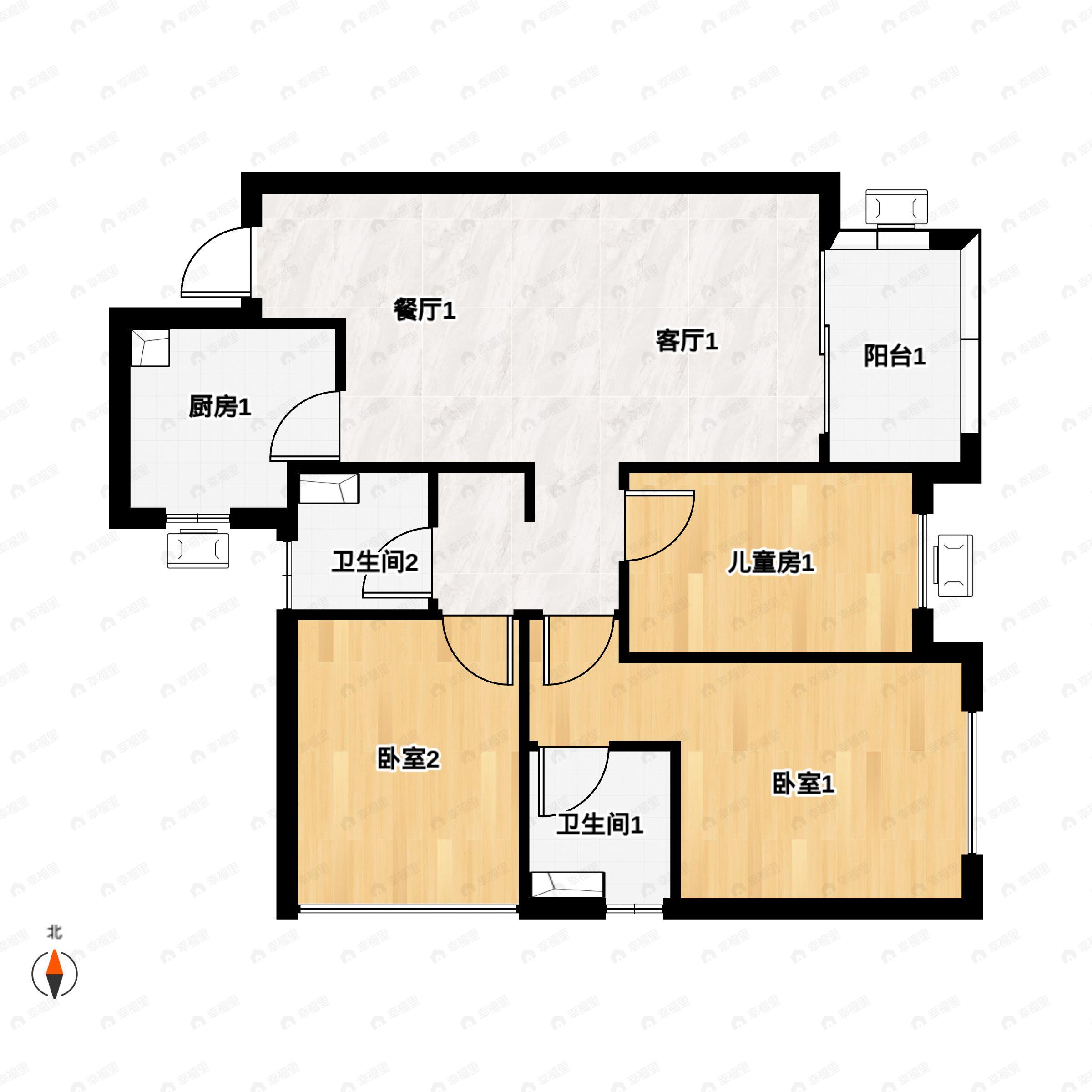 3室2厅2卫建面87平户型图