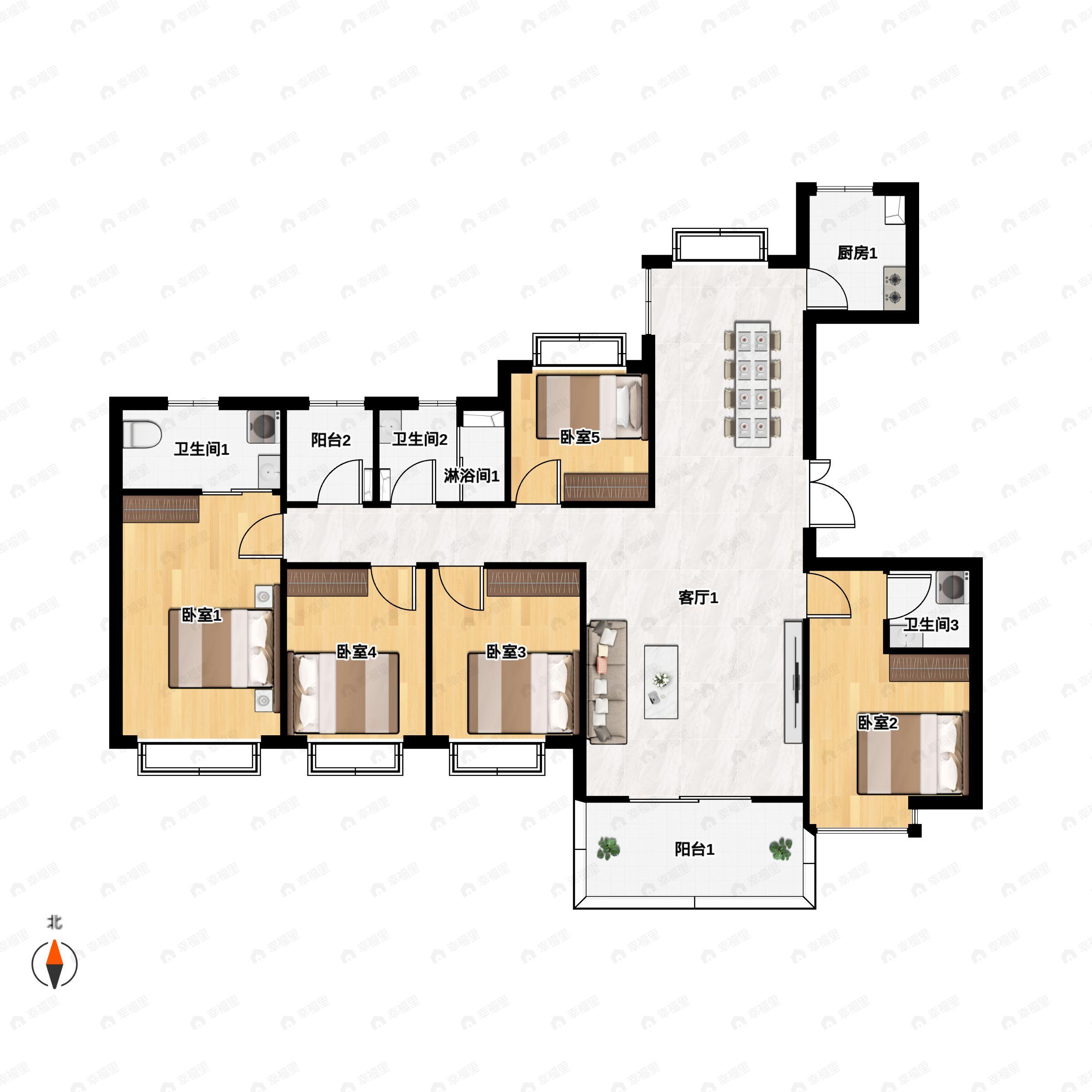 5室2厅3卫建面182平南|北户型图