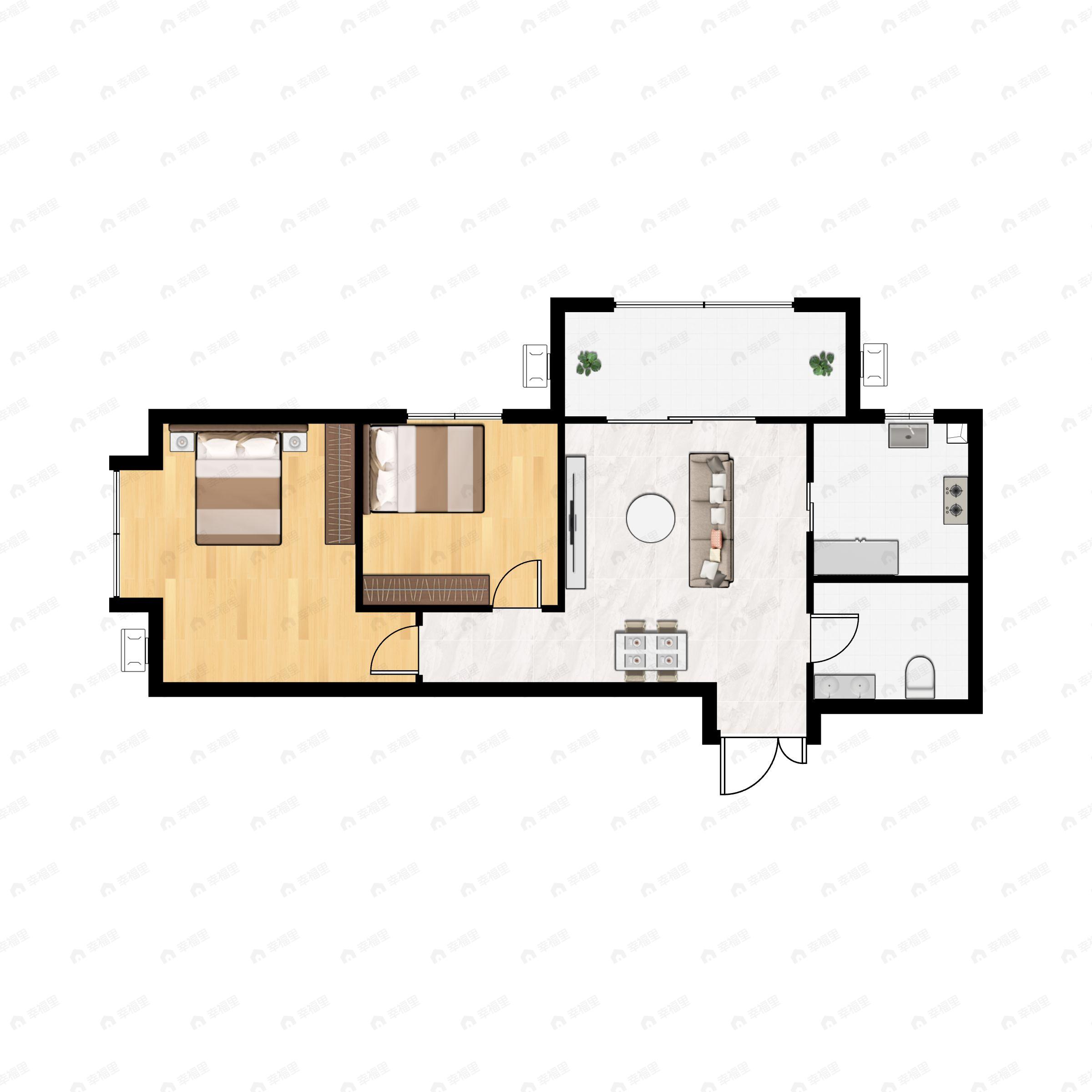 2室2厅1卫建面85m²北|南户型图