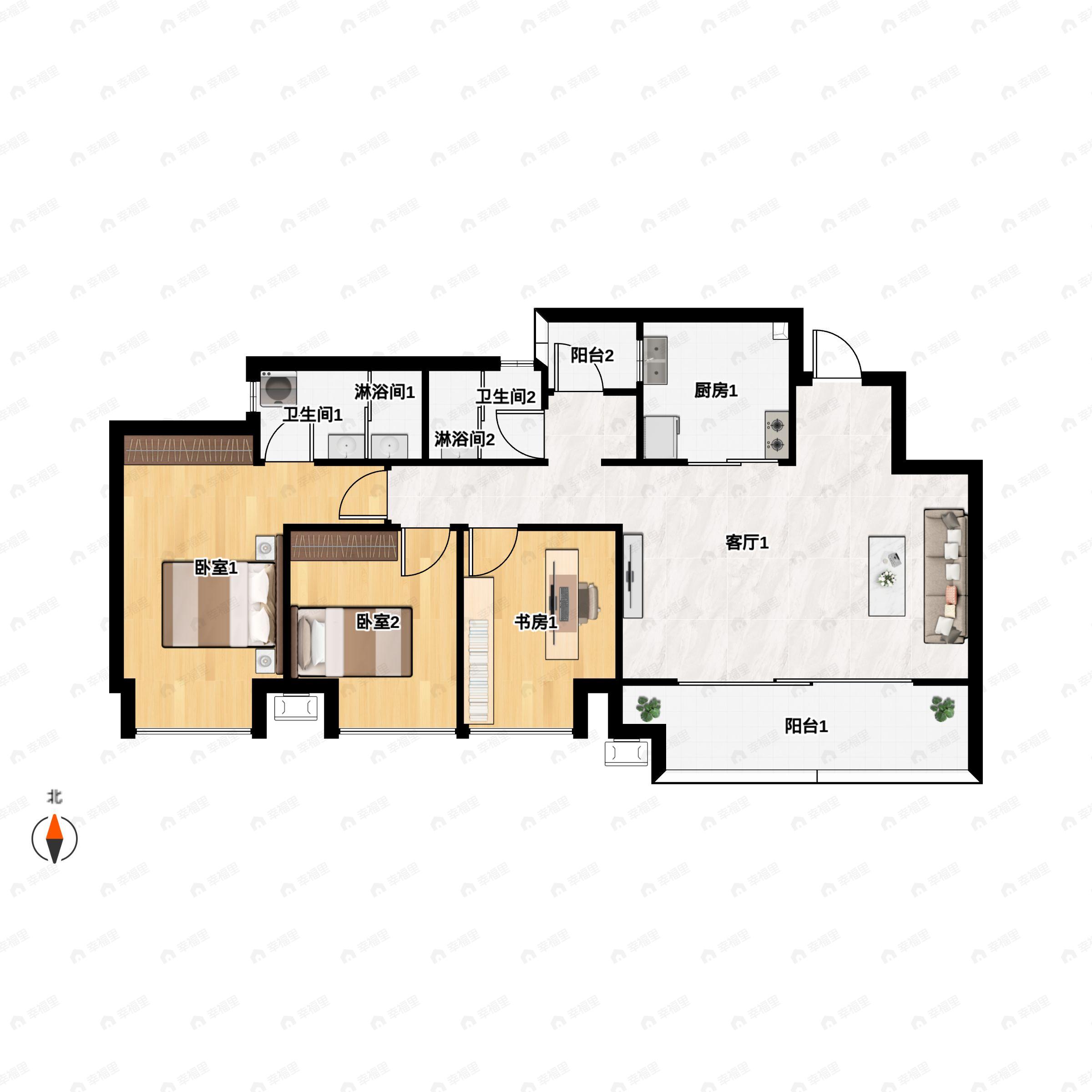 3室2厅2卫建面99平户型图