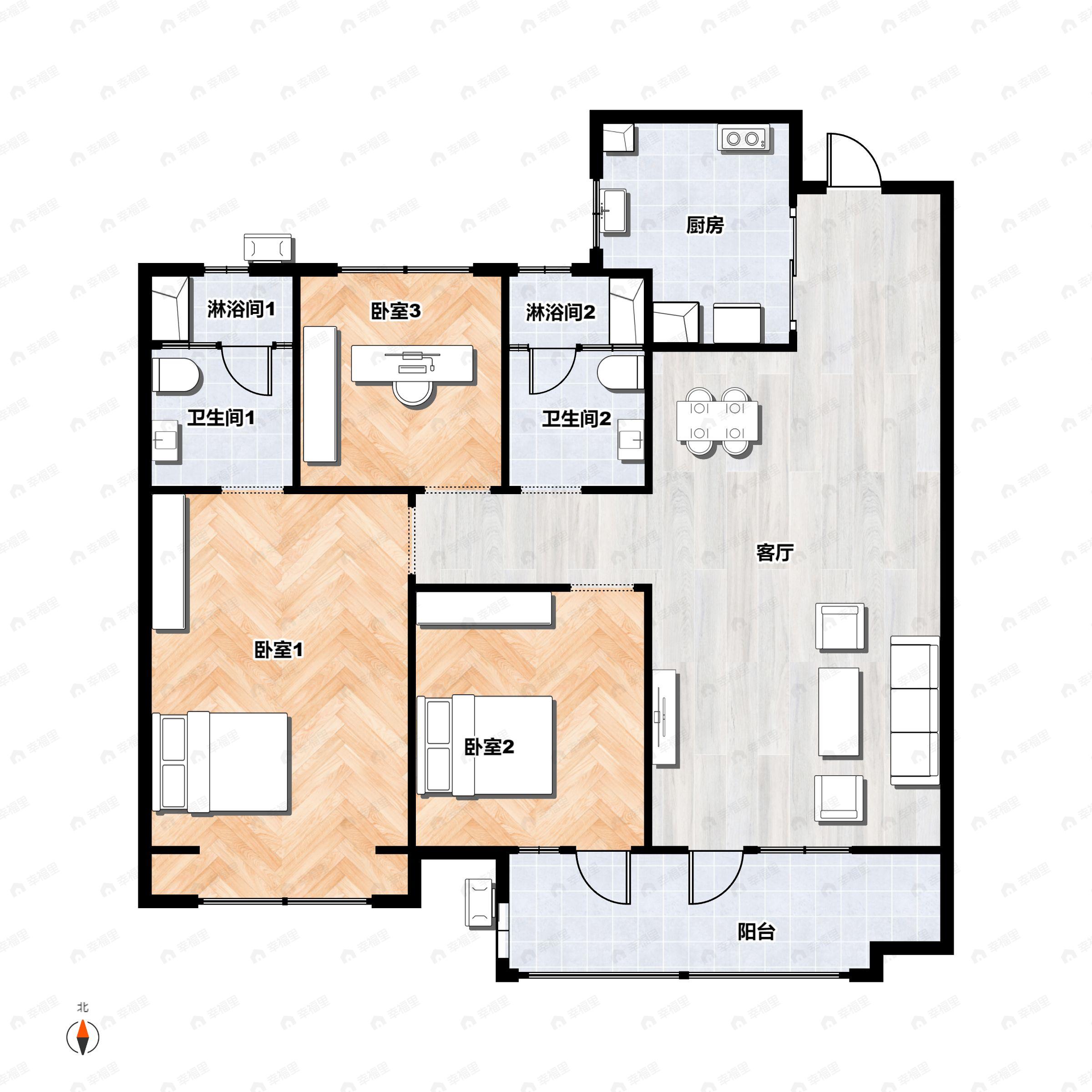 3室2厅2卫建面100平户型图