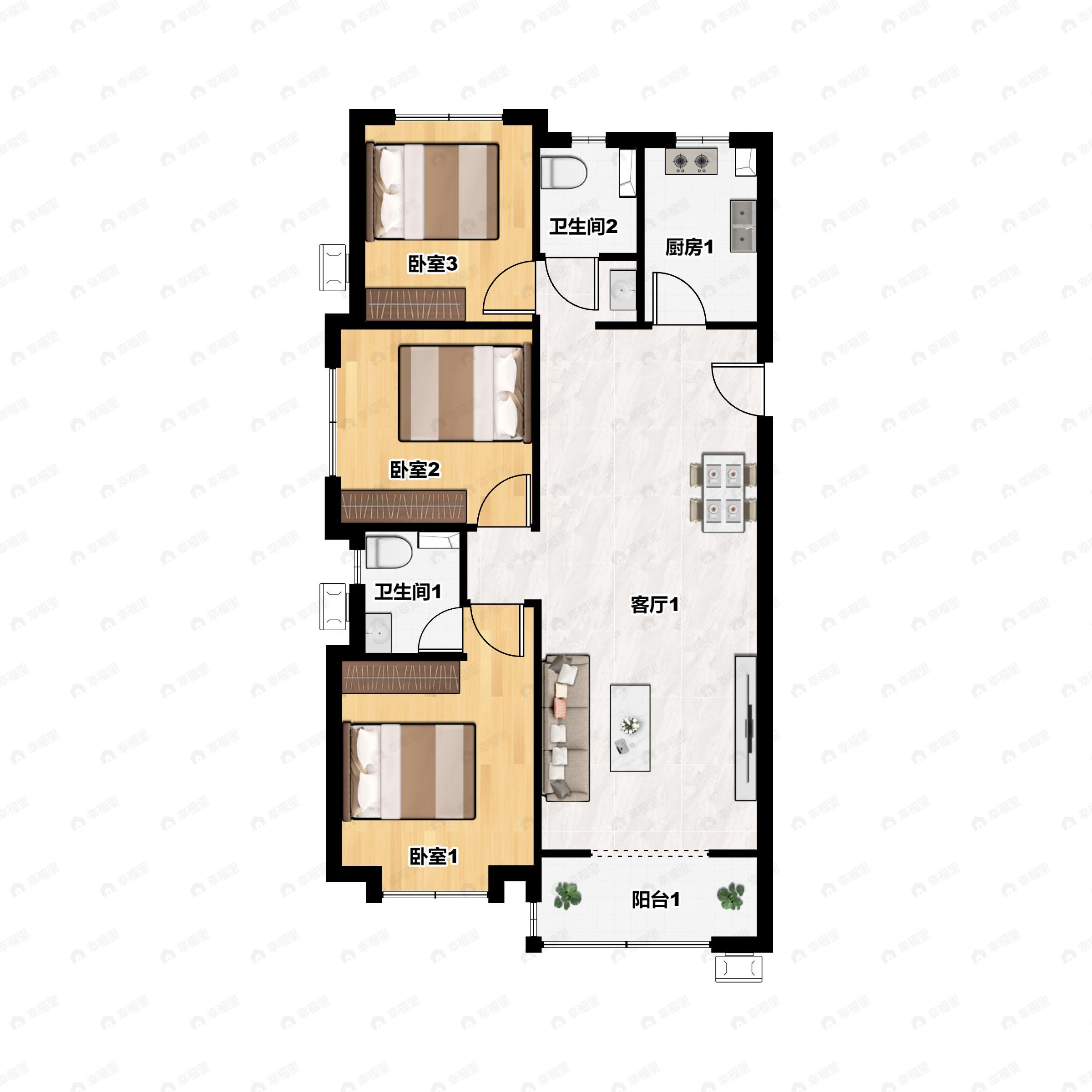 3室2厅2卫建面117m²北|南户型图