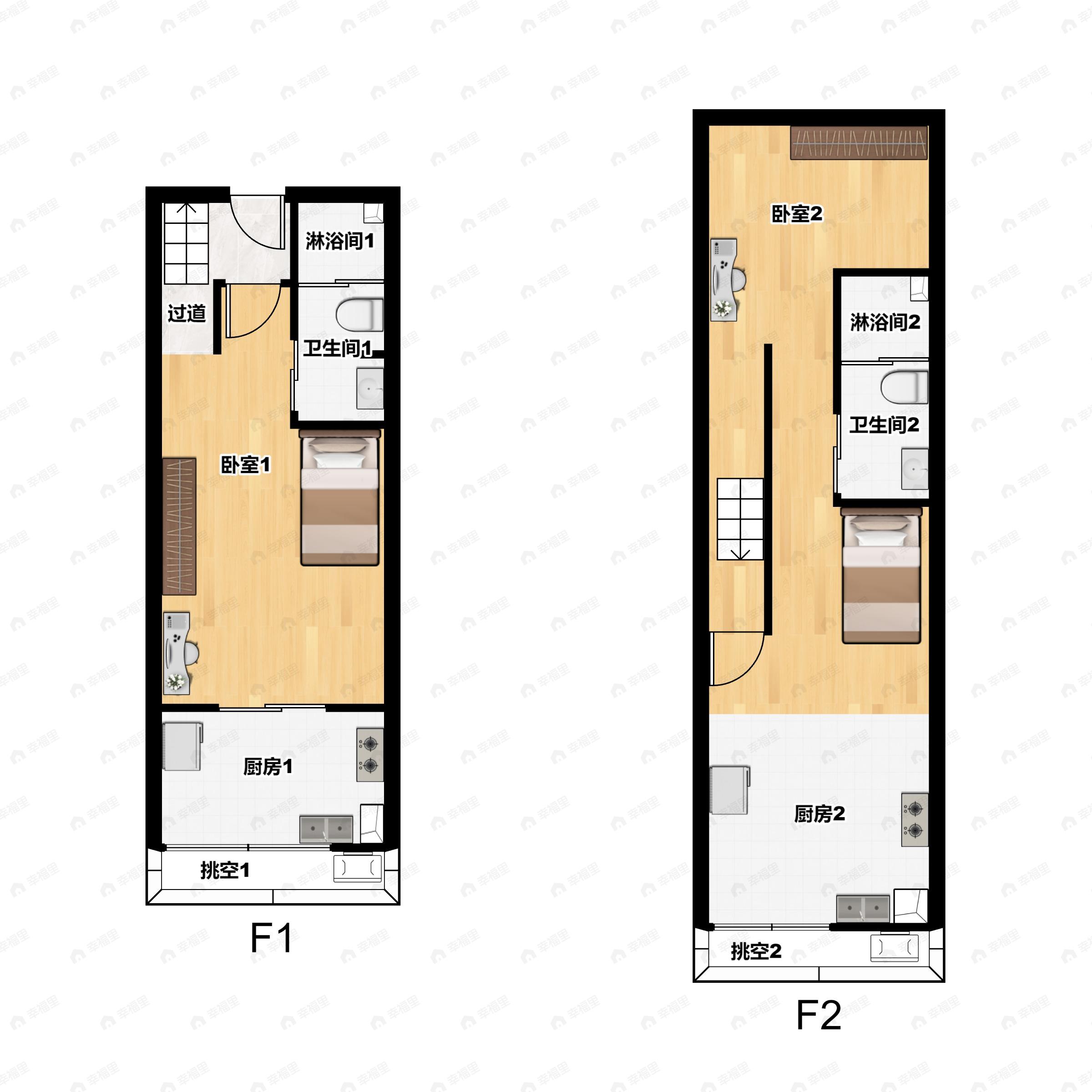 2室1厅2卫建面36平户型图