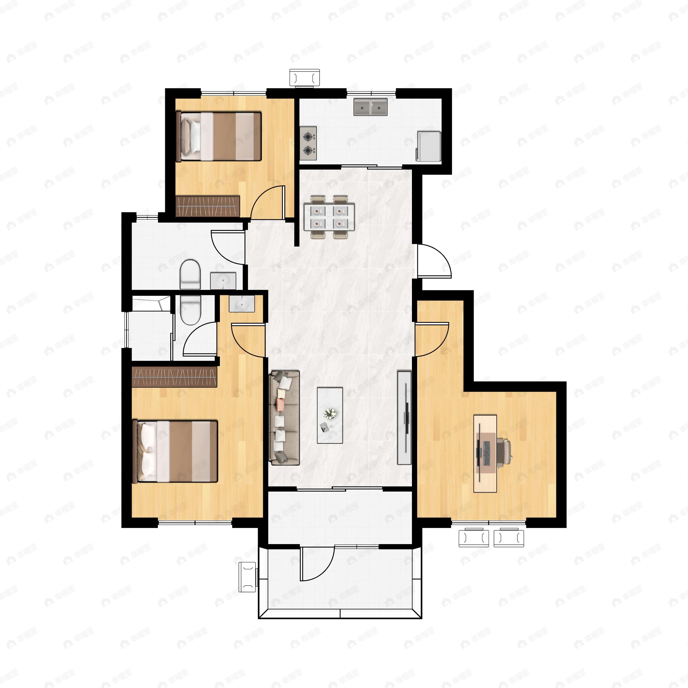 3室2厅2卫建面105平北|南户型图
