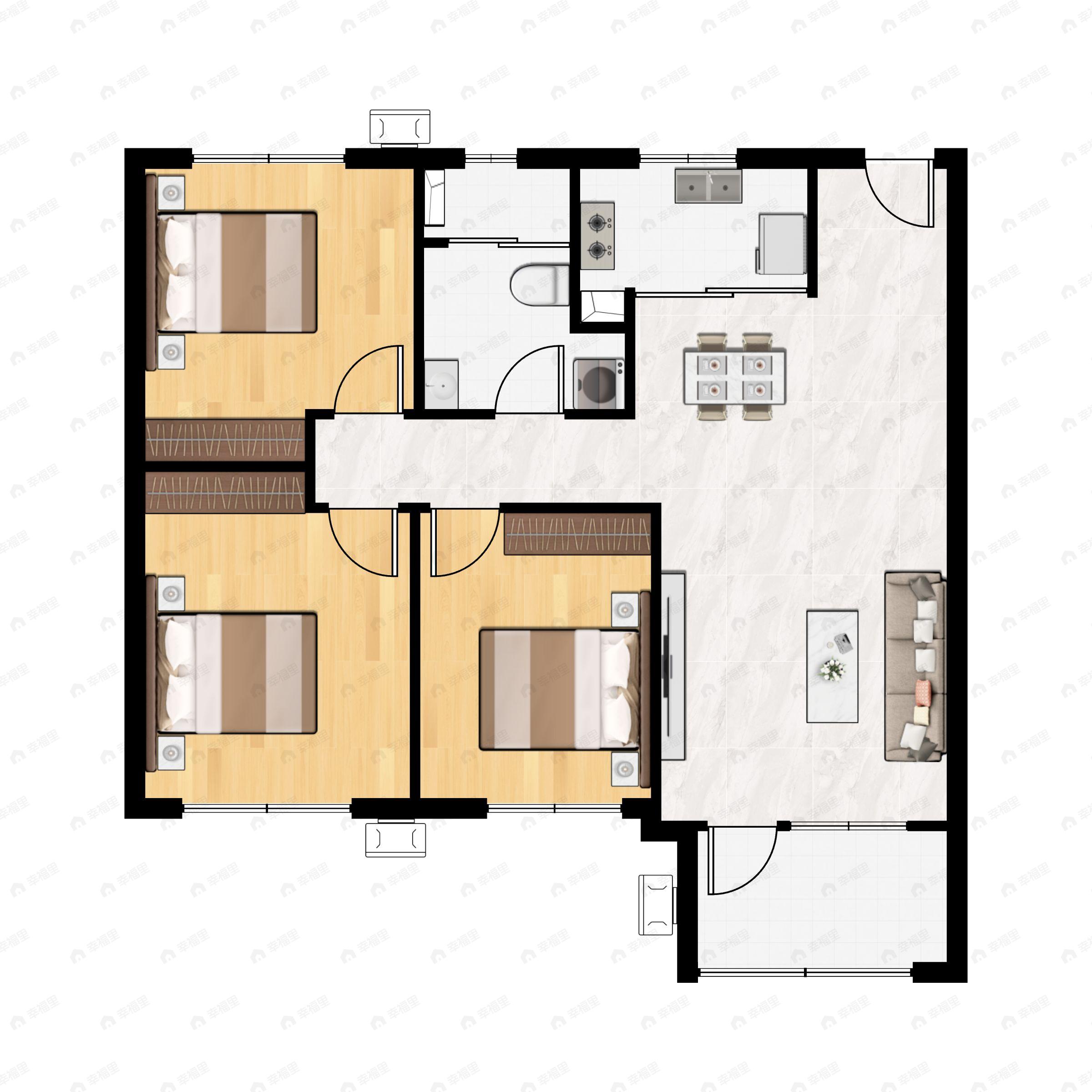 3室2厅1卫建面100平南户型图