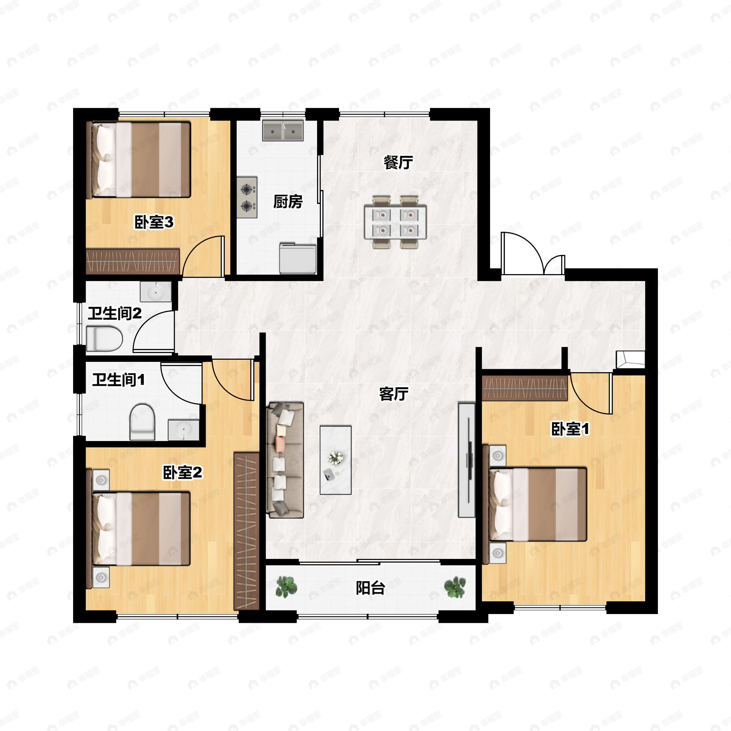 3室2厅2卫建面125平户型图