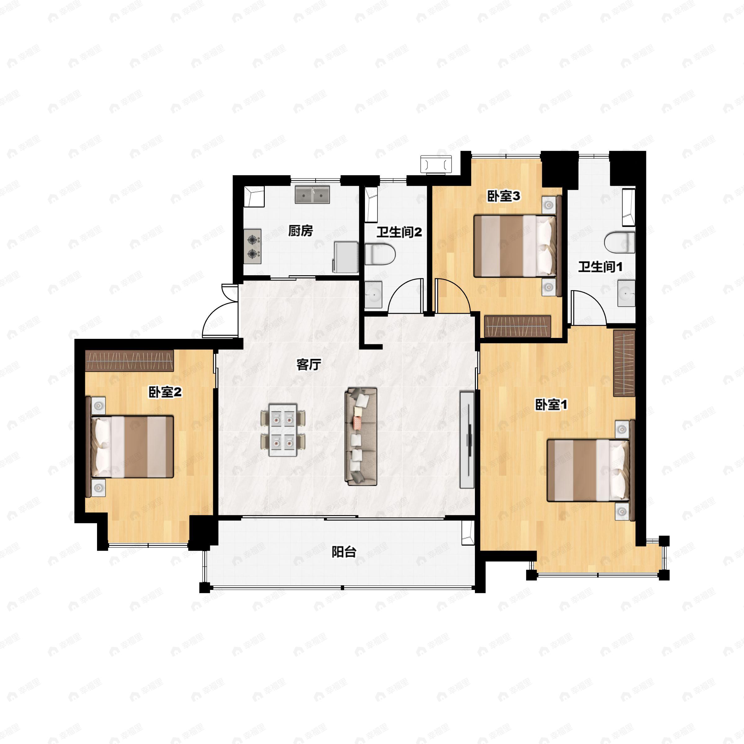 3室2厅2卫建面141m²南|北户型图
