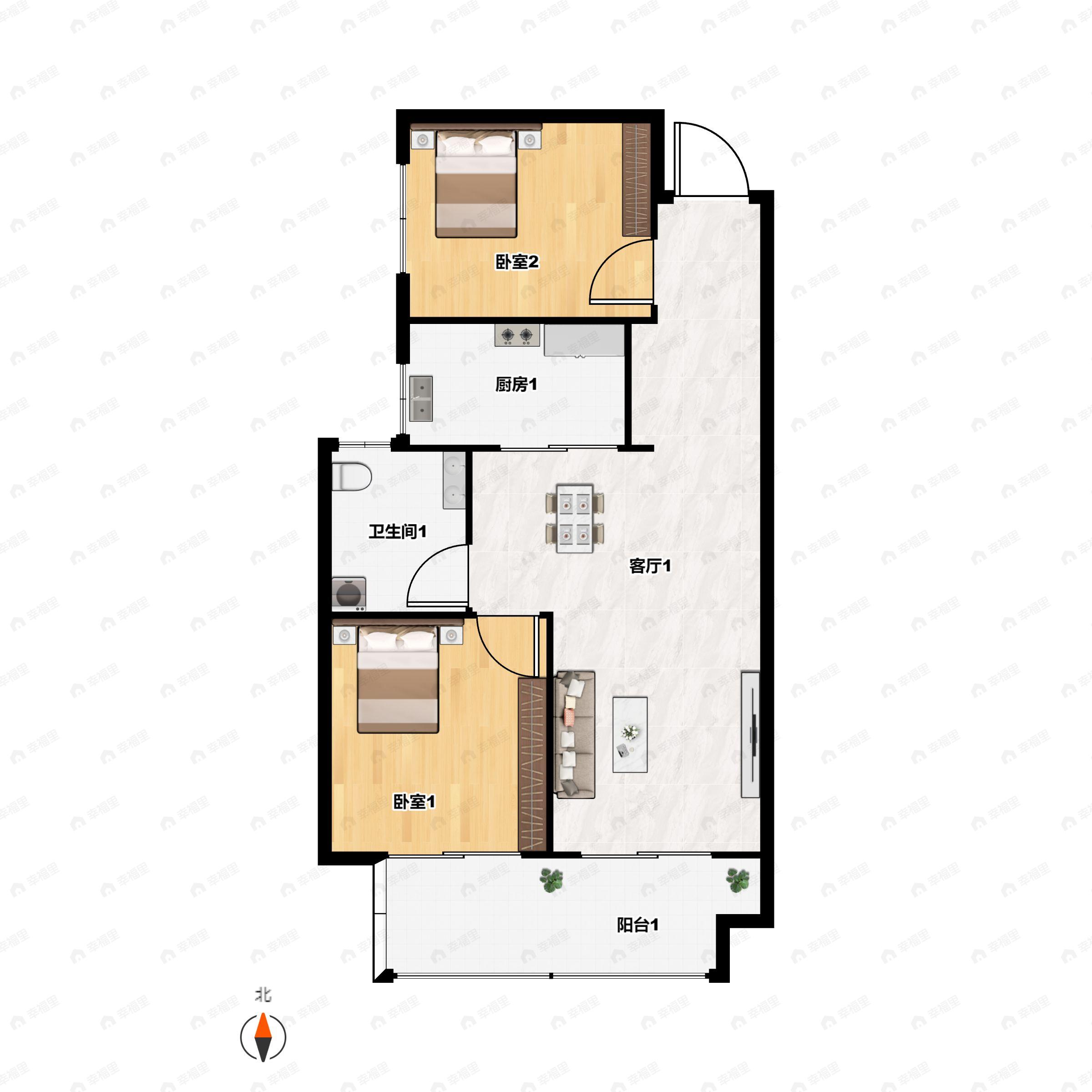 2室2厅1卫建面76平户型图