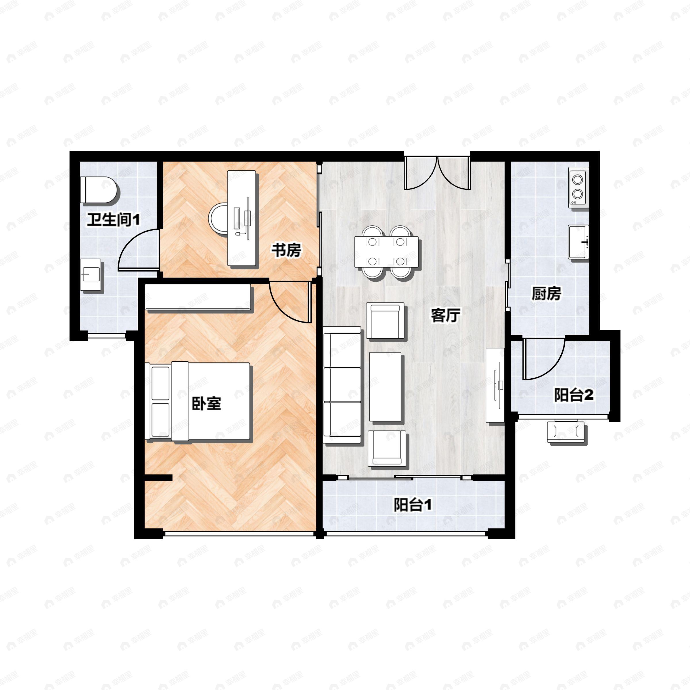 1室2厅1卫建面98m²东南户型图