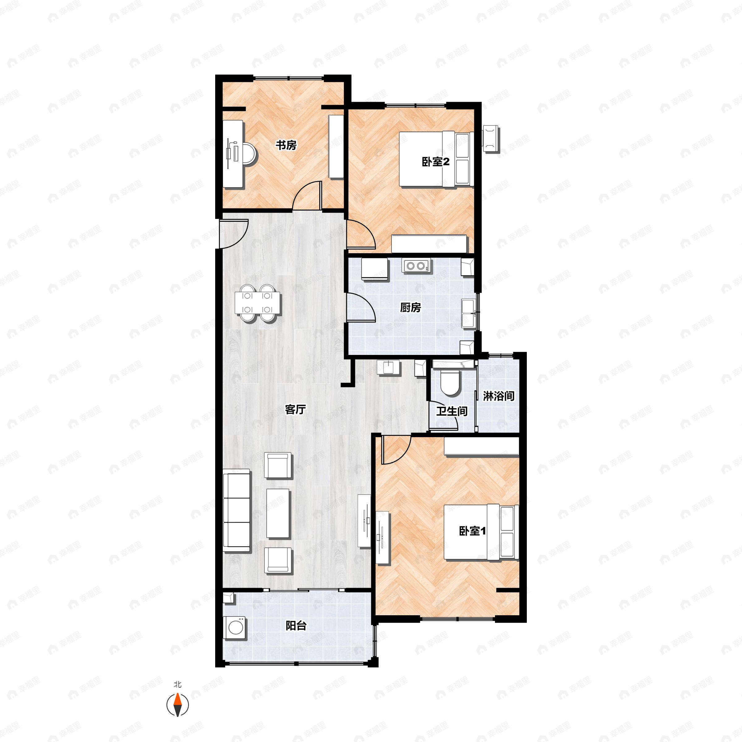 3室2厅1卫建面90m²南户型图
