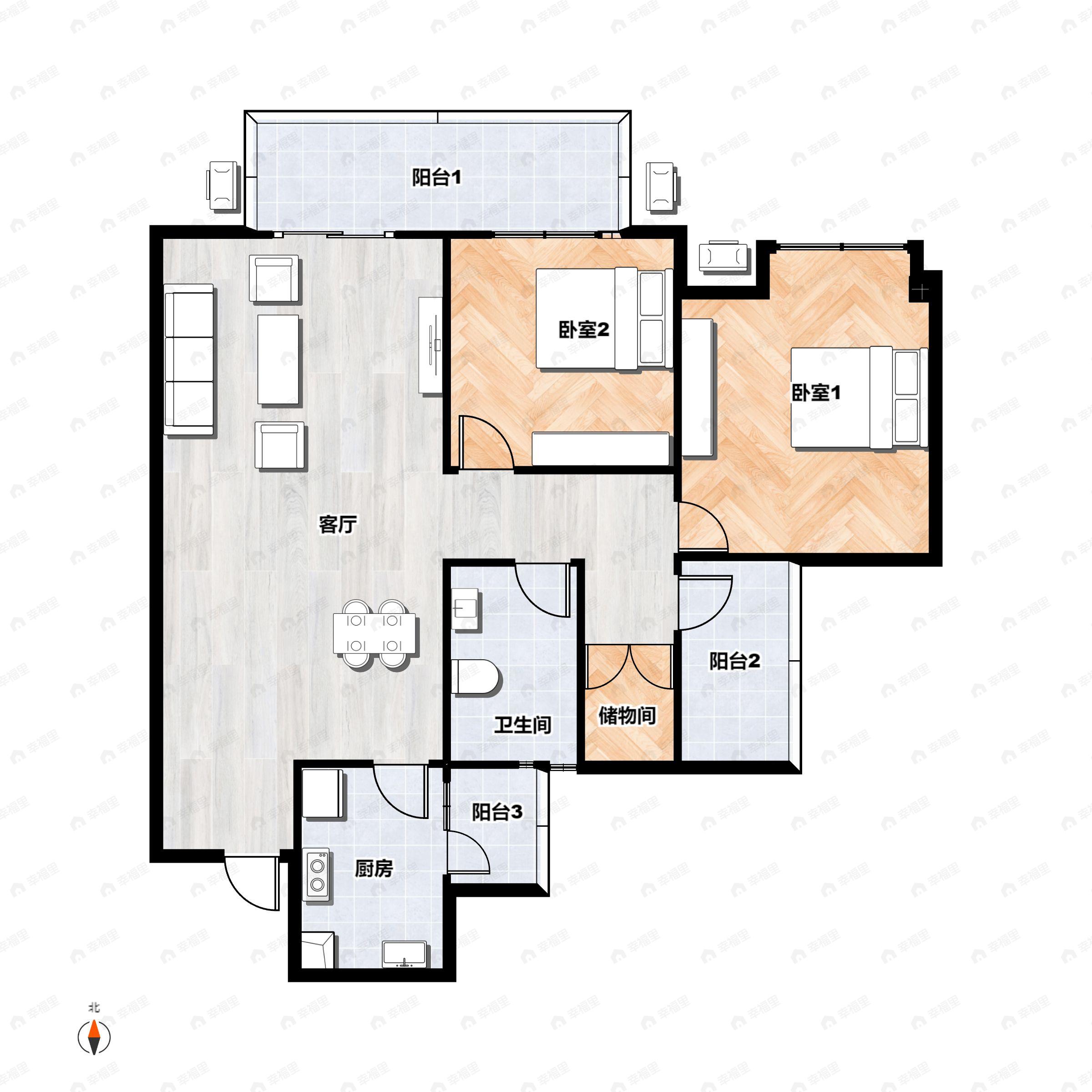 3室2厅1卫建面88平东|南|西|北户型图