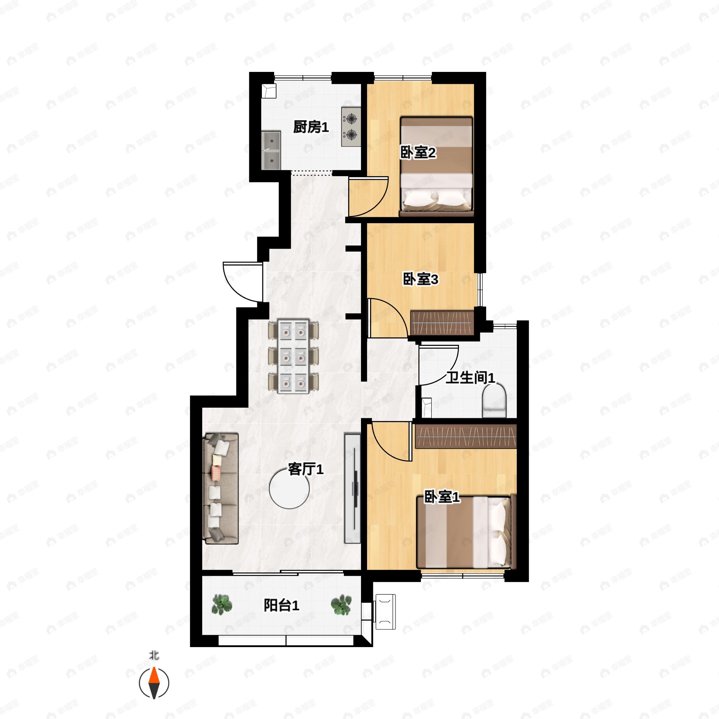 3室2厅1卫建面95m²北|南户型图