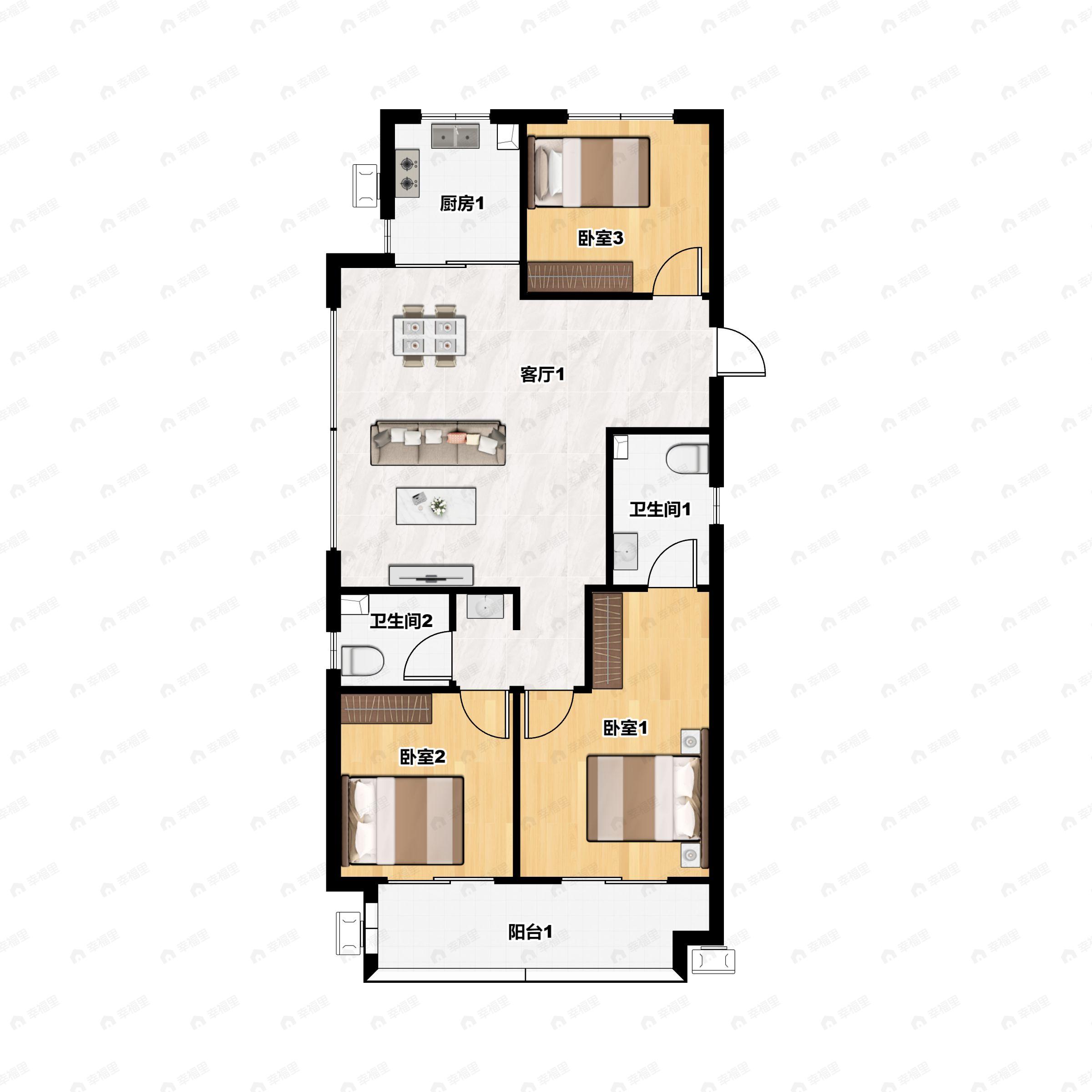 3室2厅2卫建面106m²南户型图