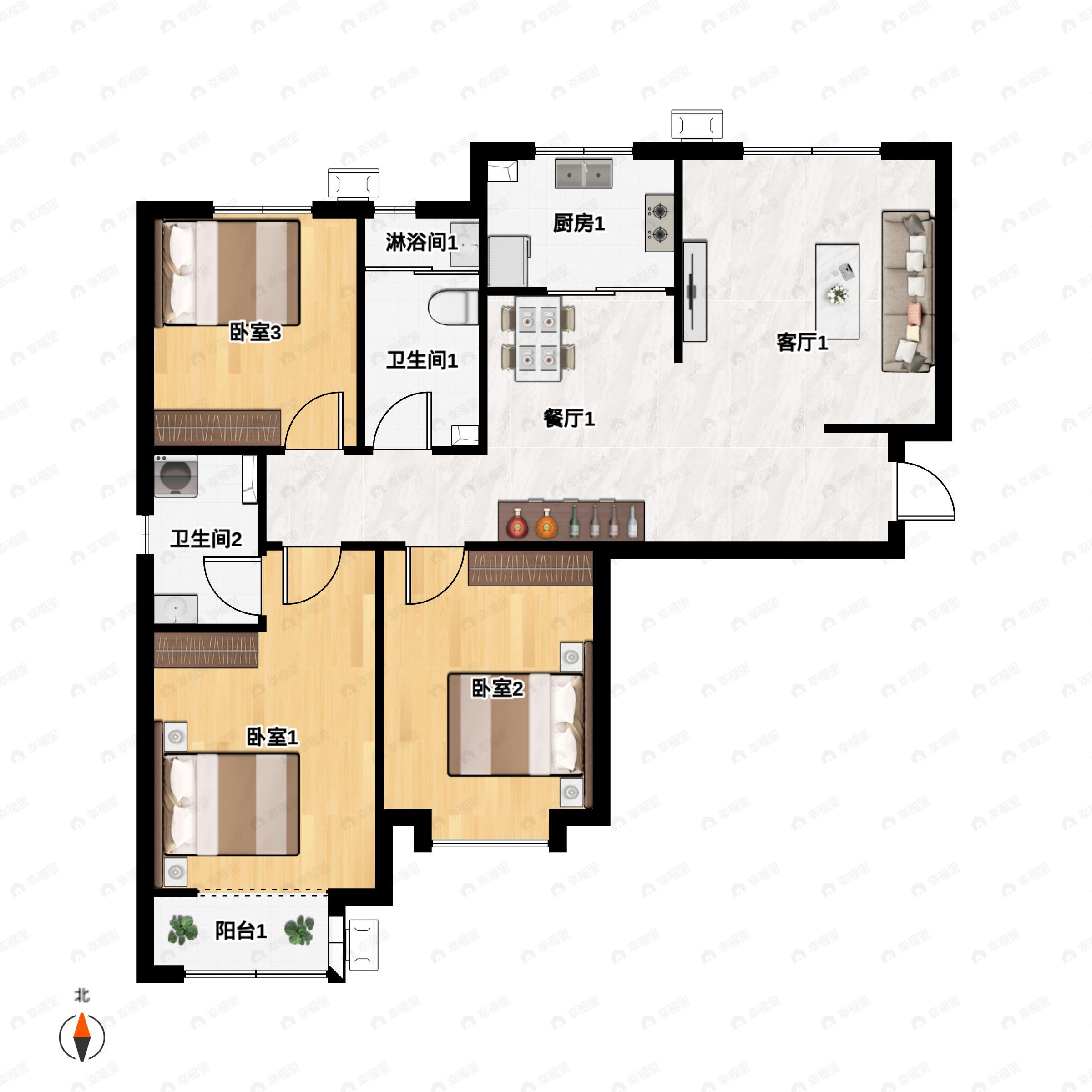 3室2厅2卫建面128平户型图