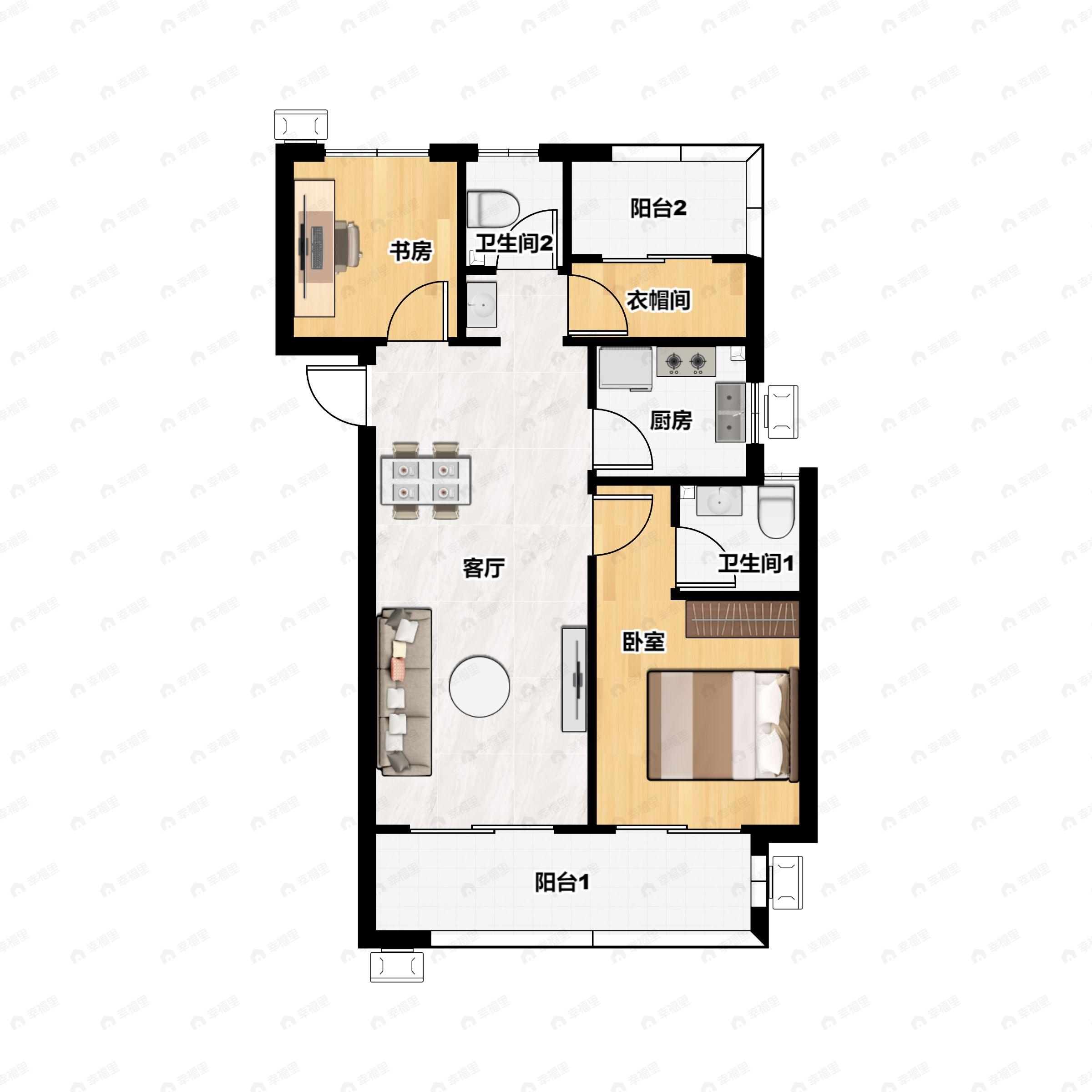 3室2厅2卫建面89平户型图