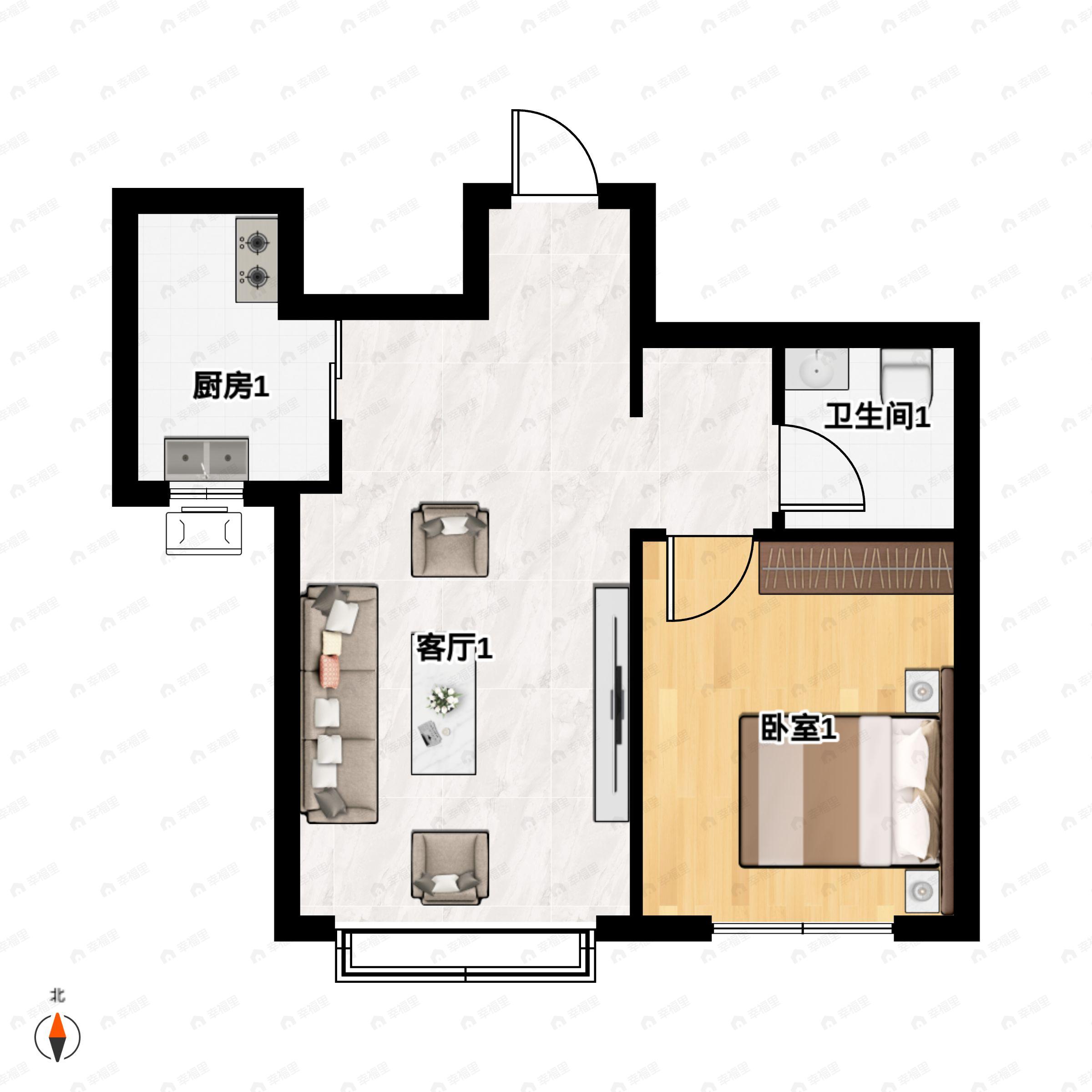 1室1厅1卫建面54平户型图