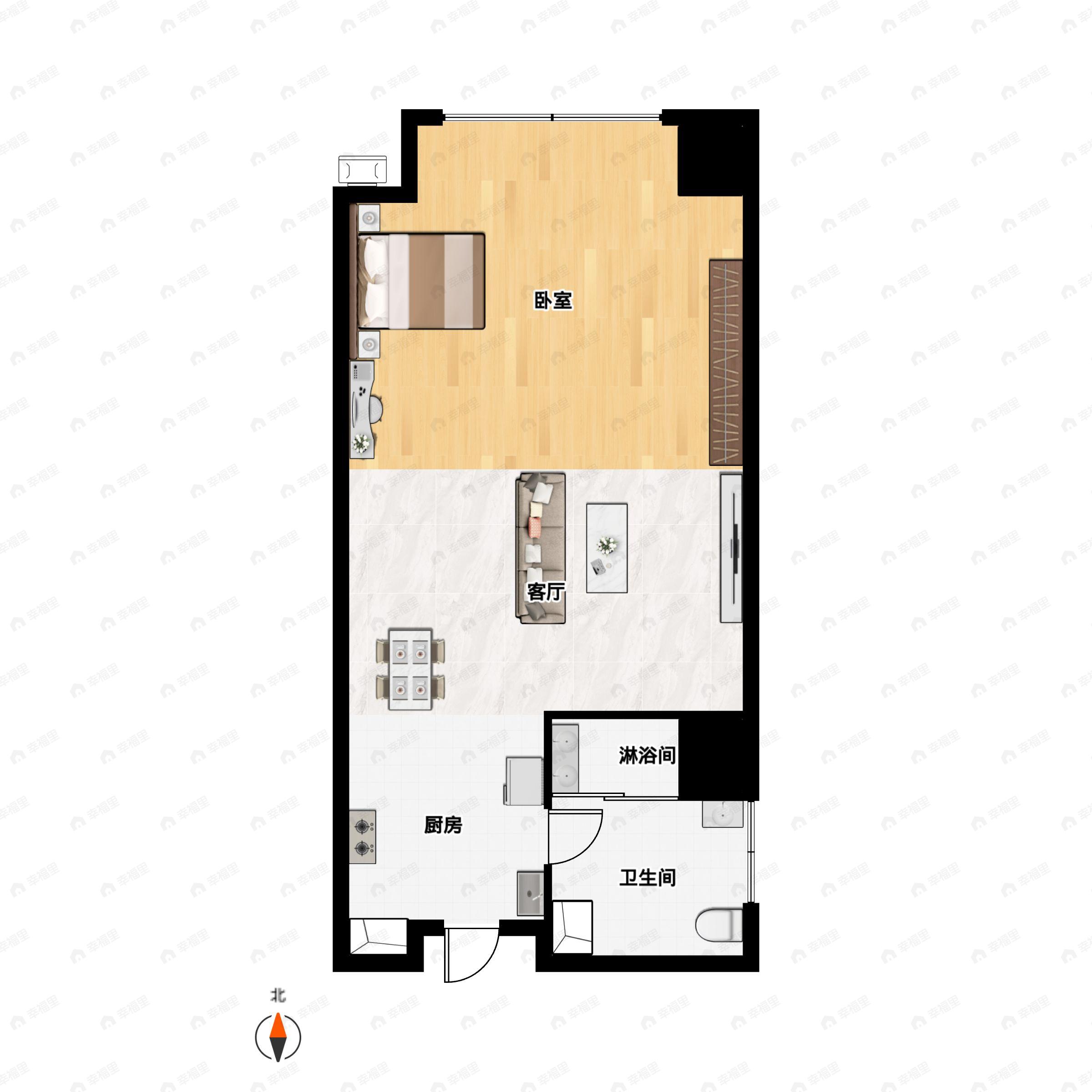 1室1厅1卫建面57m²北户型图